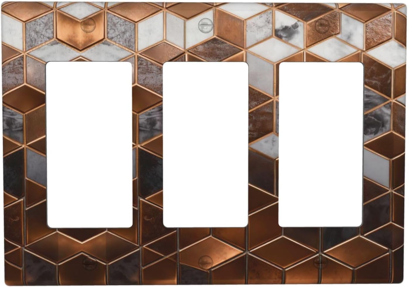 Brown Abstract Luxury Modern Geometric Cubic Marble 3 Gang Triple Rocker Decorative Light Switch Covers Electrical Faceplate Switch Plates for Bathroom Kitchen Home