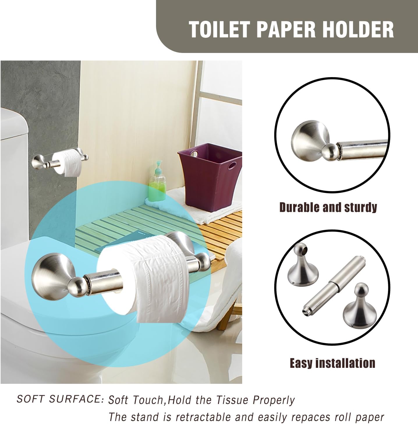 4-Piece Bathroom Hardware Set: Brushed Nickel Bathroom Accessory Set, Towel Bar,Towel Ring,Toilet Paper Holder,Robe Hook, Wall Mounted,Optional Install Longer or Shorter Towel bar