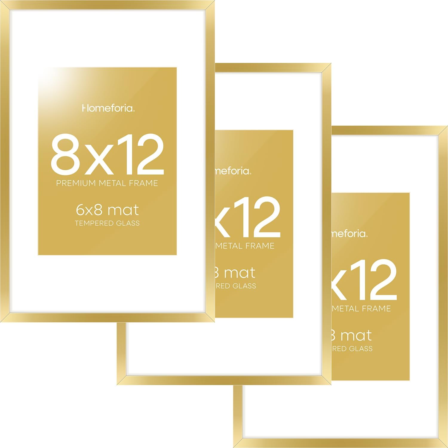 Homeforia 8x12 Picture Frame Gold, High End Metal 8 x 12 Poster Frames with Mat 6 by 8 for Photo, 12x8 Frame Matted to 6x8 inch Print, 8by12 Wall or Tabletop Frames, Tempered Glass, Wall Kit, Set of 3