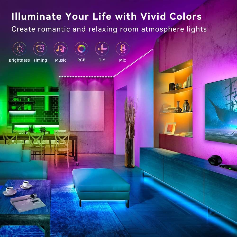 130Ft Led Strip Lights (2 Rolls of 65ft), Music RGB Color Changing,APP Control Strip Lights for Bedroom, Living Room, Kitchen, Party Decorationcontrol (Multi-Colored, 130FT)