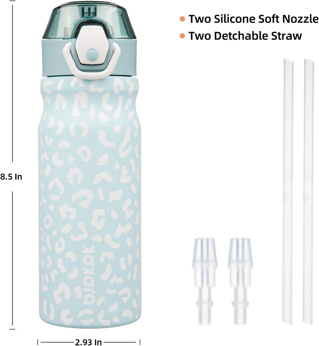 BJPKPK Insulated Water Bottle 18oz Stainless Steel Water Bottles with Straw and Carry Handle Double Wall Metal Thermal Flask,Light Blue Leopard
