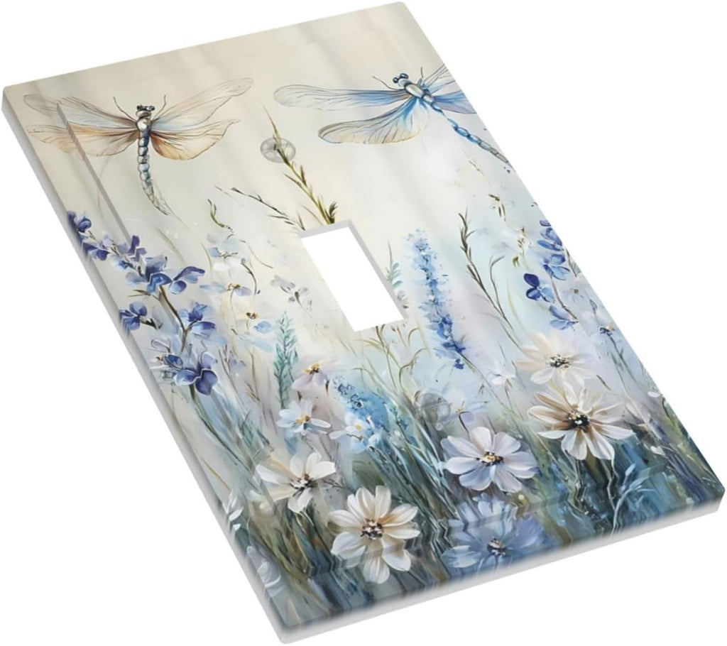 Decorative Light Switch Cover Plate Watercolor Dragonfly Blue Wihte Flower 1 Gang Single Toggle Wall Plates for Electrical Outlets Outlet Covers Switch Plate Covers Faceplate for Home Decor
