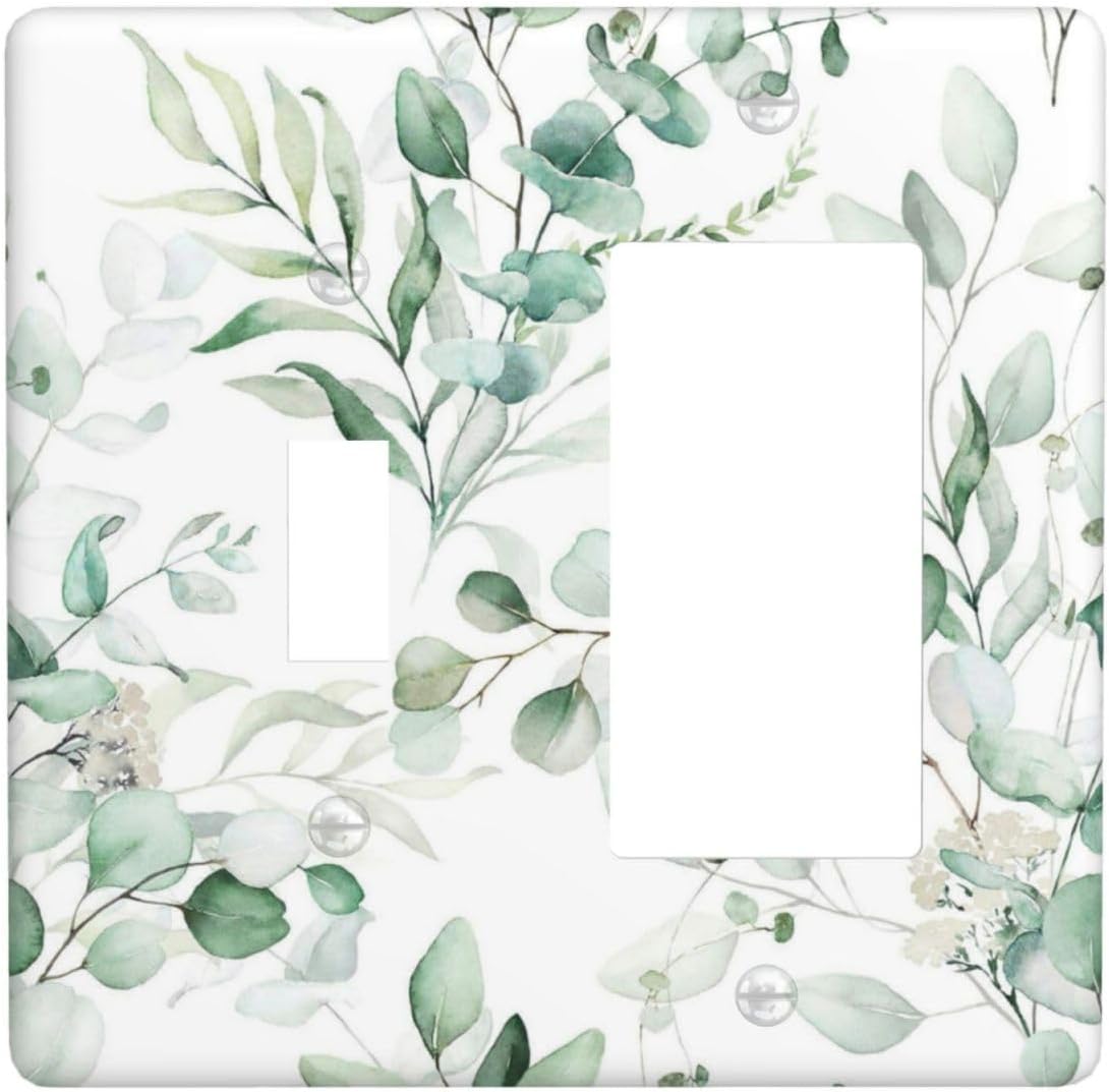 Boho Green Eucalyptus Leaf Floral Plants Flowers Outlet Covers 1 Toggle 1 Rocker Combination Decorative Wall Plate Electrical Switch Plates Light Switch Cover Plate for Bed Room Living Room Decor