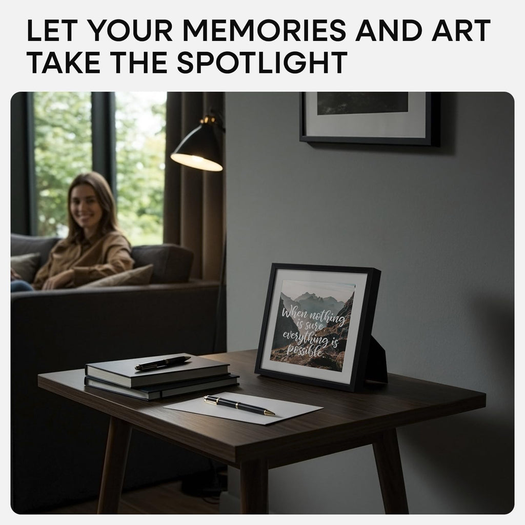 Homeforia 8x8 Black Picture Frame, High End Metal 8 x 8 Square Photo Frames with Mat 6 by 6, 8x8 Poster Frame Matted to 6x6 inch Print, 8by8 Wall or Tabletop Frames, Tempered Glass, Wall Kit, Set of 2