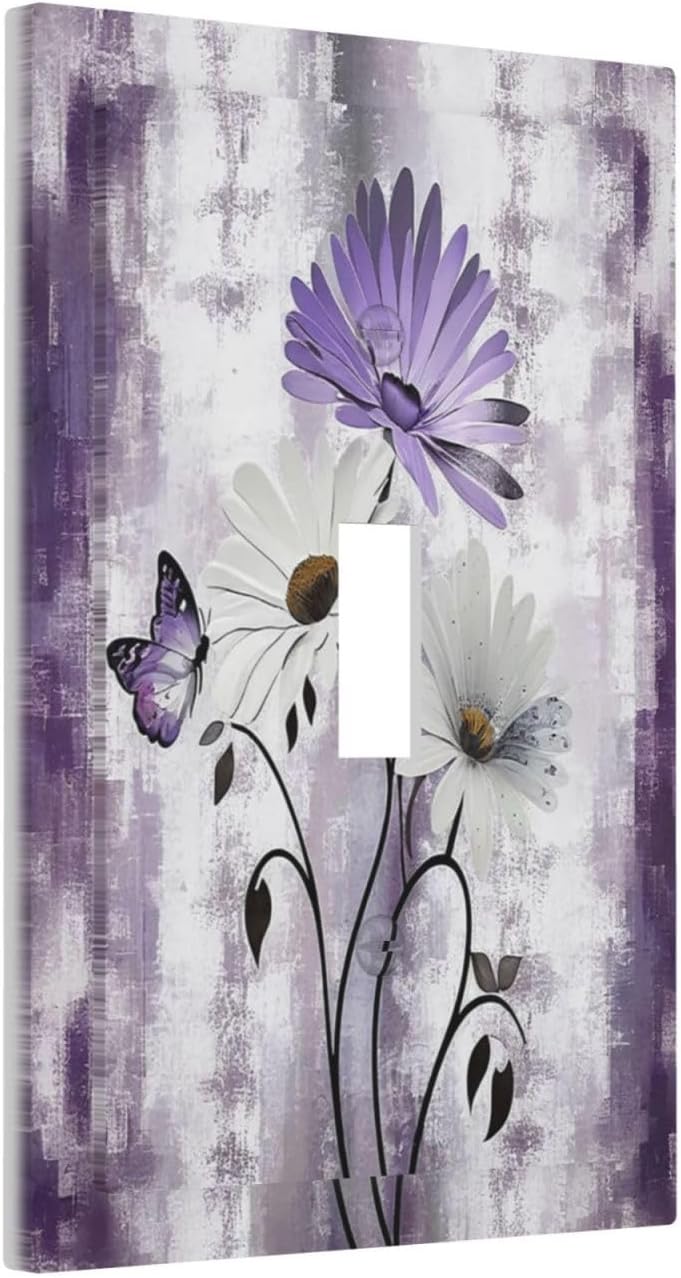 Purple Daisy White Floral Butterfly Flowers Single Toggle Light Switch Cover plate Outlet Cover Decorative Switchplate Wall Plates Electrical Panel Cover for Bathroom Living Room 5 X 3 IN