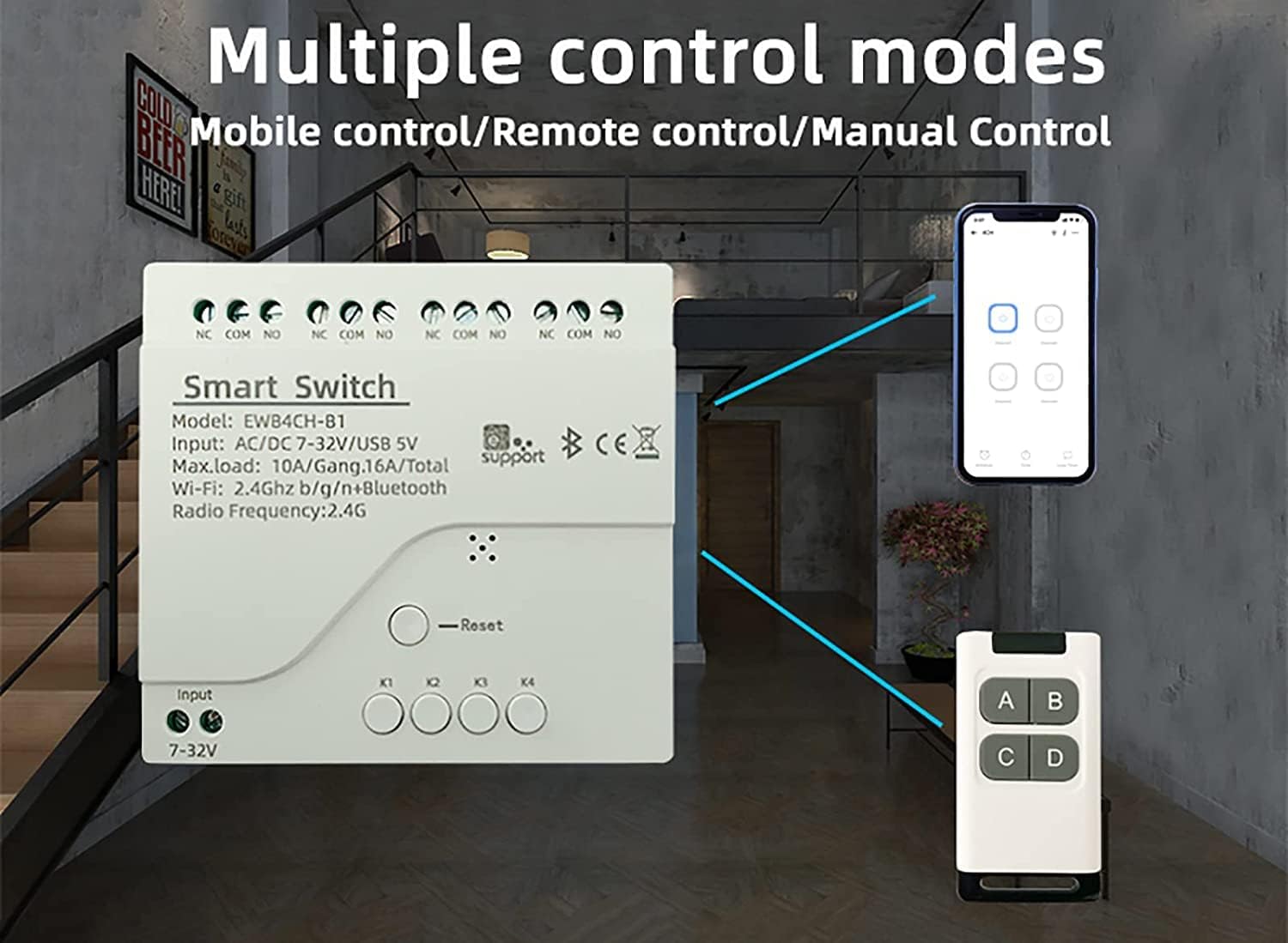 4 Channel Smart Switch, Momentan/Locking WiFi Relay, eWeLink App Bluetooth Control Switch, DIY Smart Home, Compatible with Alexa Google Home