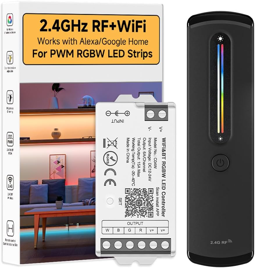 BTF-LIGHTING RF 2.4GHz Wireless Remote RC09RFB & C04W 2.4GHz Tuya WiFi Controller Kit Alexa Google Home Smartphone APP Control for RGBW PWM 5050SMD FCOB (+ R G B W) 5PIN LED Strip DC12V DC24V