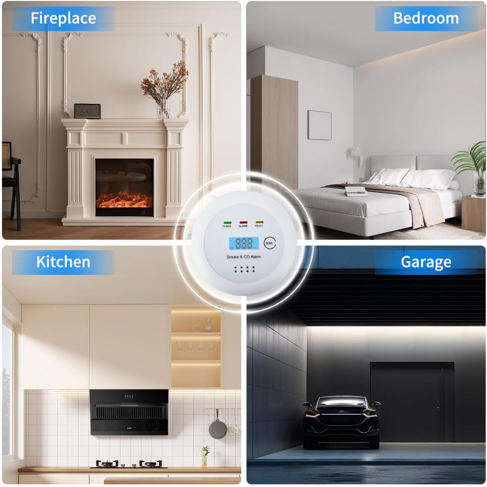 2 in1 Smoke Detector Carbon Monoxide Detector Combo,with LCD Digital Display and Sound Warning Test Button，Battery Powered，Easy Installation, for Home, Bedroom, Kitchen (3PACKS)