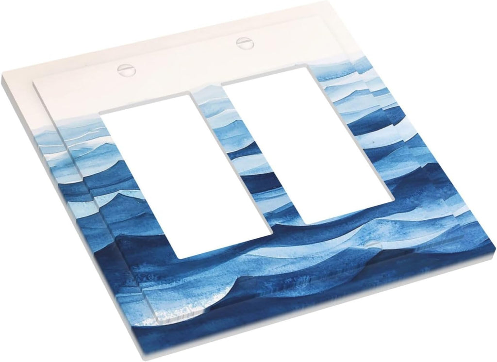 Decorative Outlet Covers Blue Watercolor Textured Abstract Ocean Wave 2 Gang Double Rocker Light Switch Cover Plate Electrical Switch Plate Cover Decorate GFCI Wall Plate for Bedroom living Room Decor