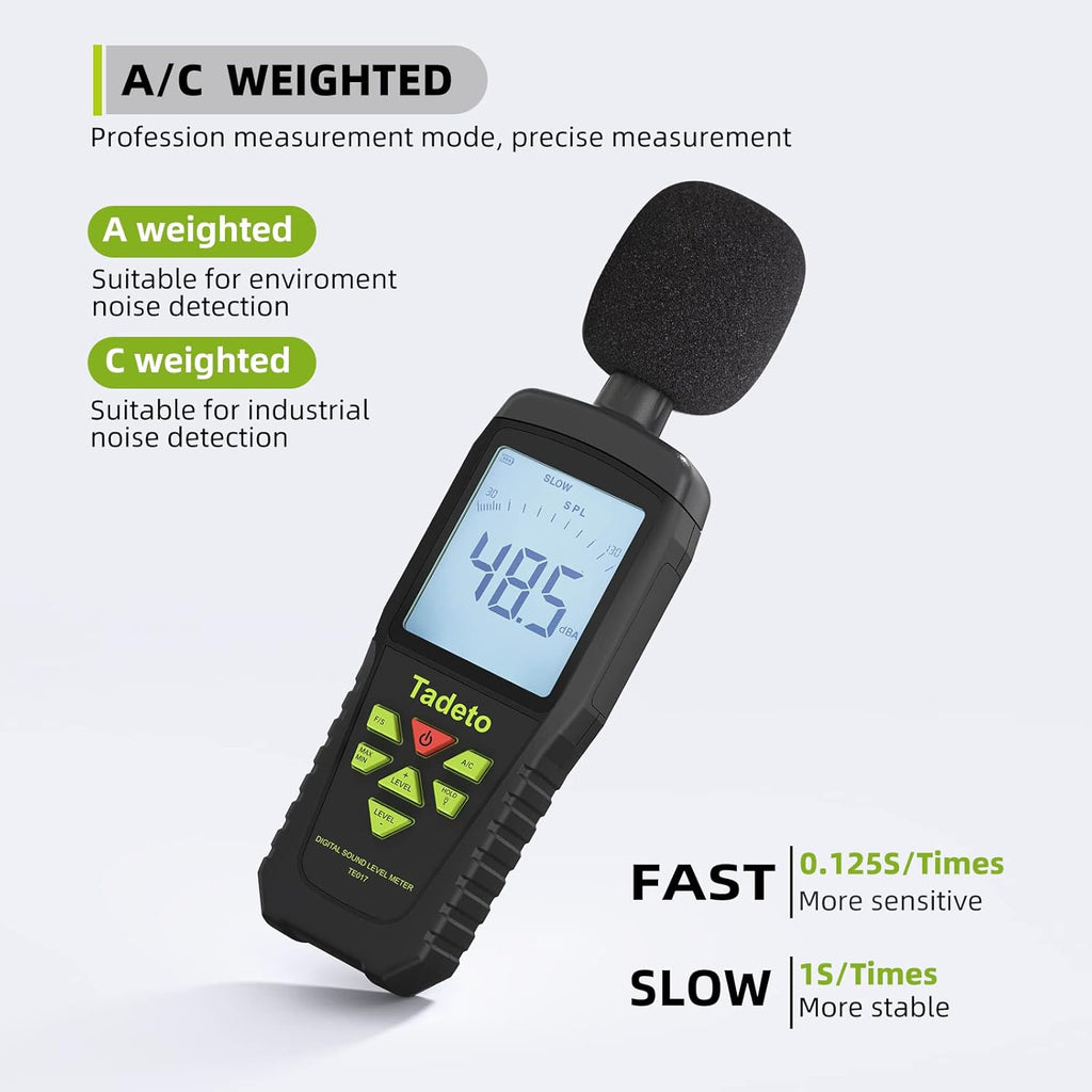 Decibel Meter, Tadeto Digital Sound Level Meter Portable SPL Meter 30dB to 130dB(5 Measurement Range) Backlight LCD Display, MAX/MIN Noise Measurement, Audible and Visual Alarms,Data Hold, A/C Mode