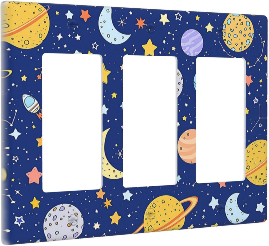 Stars Starry Night Sun Moon Planet Constellations Light Switch Covers 3 Gang Rocker Decorative Triple Outlet Wall Plate Cover Electrical GFCI Switchplate for Bedroom Bathroom Decor