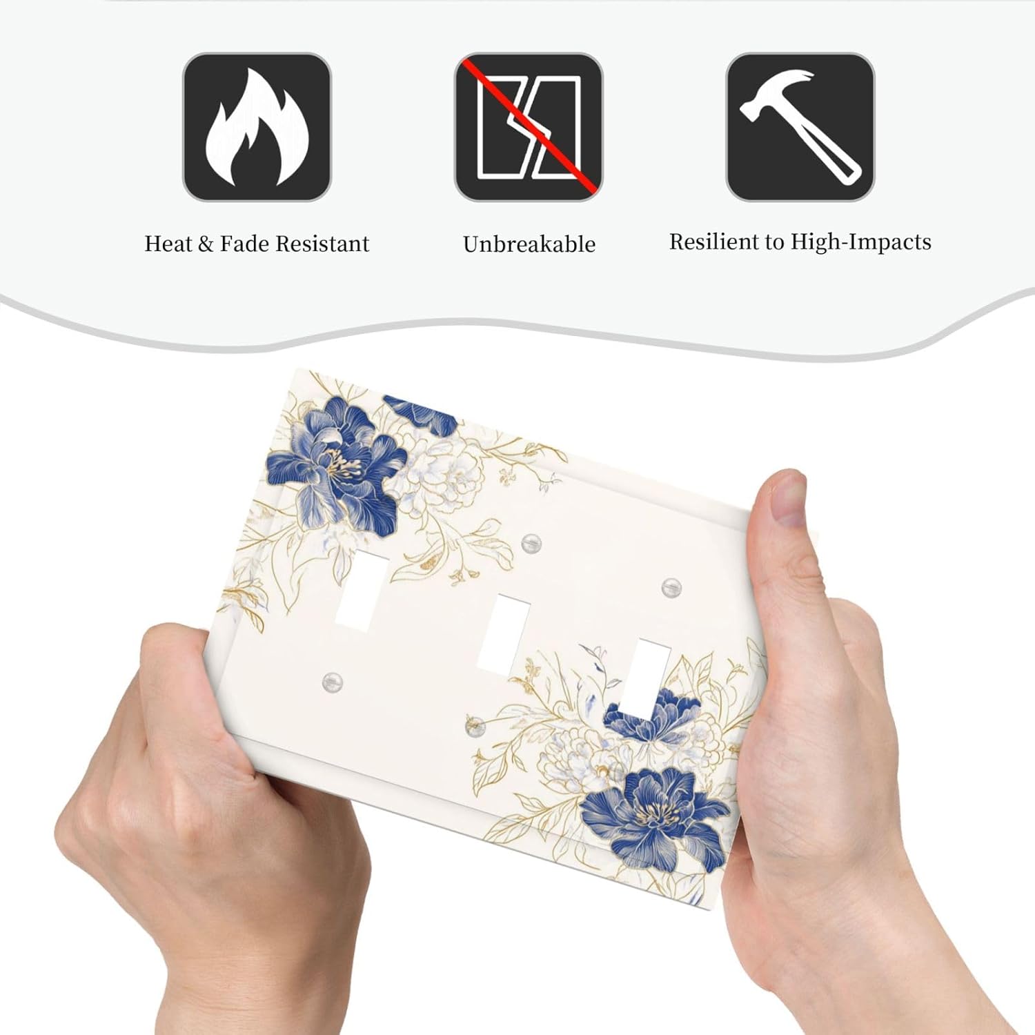 Decorative Light Switch Cover Plate Rustic Blue Flower Floral Gold Leaf 3 Gang Wall Plates for Electrical Outlets Triple Toggle Switch Plate Covers Outlet Covers Faceplate for Home Decor