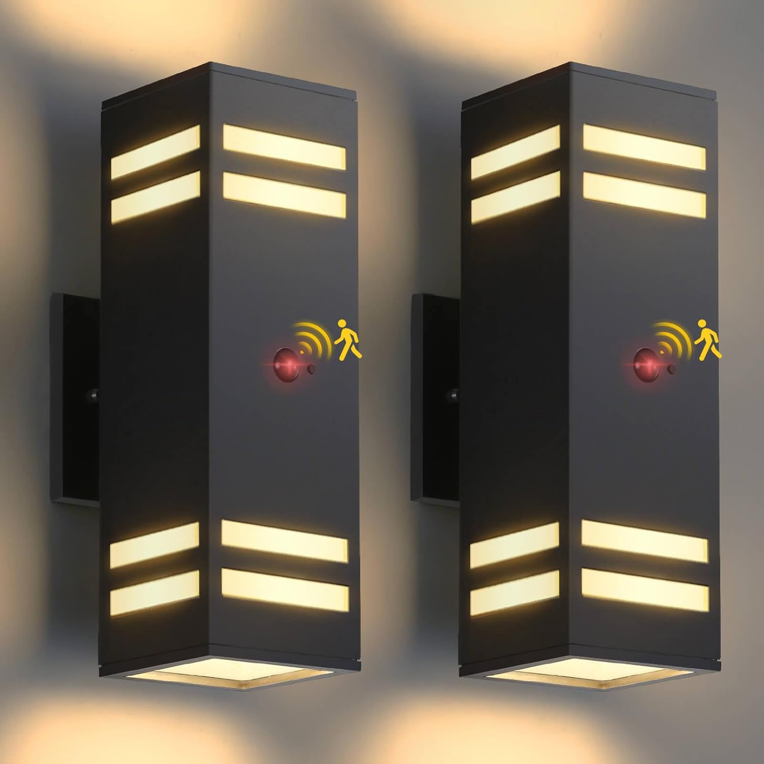 Motion Sensor Outdoor Lights 2 Pack, Modern Outdoor Wall Lights Black Exterior Lighting Fixtures, Square Motion Detector Lights for Outside, Waterproof Sconce for House Porch, Bulbs Included