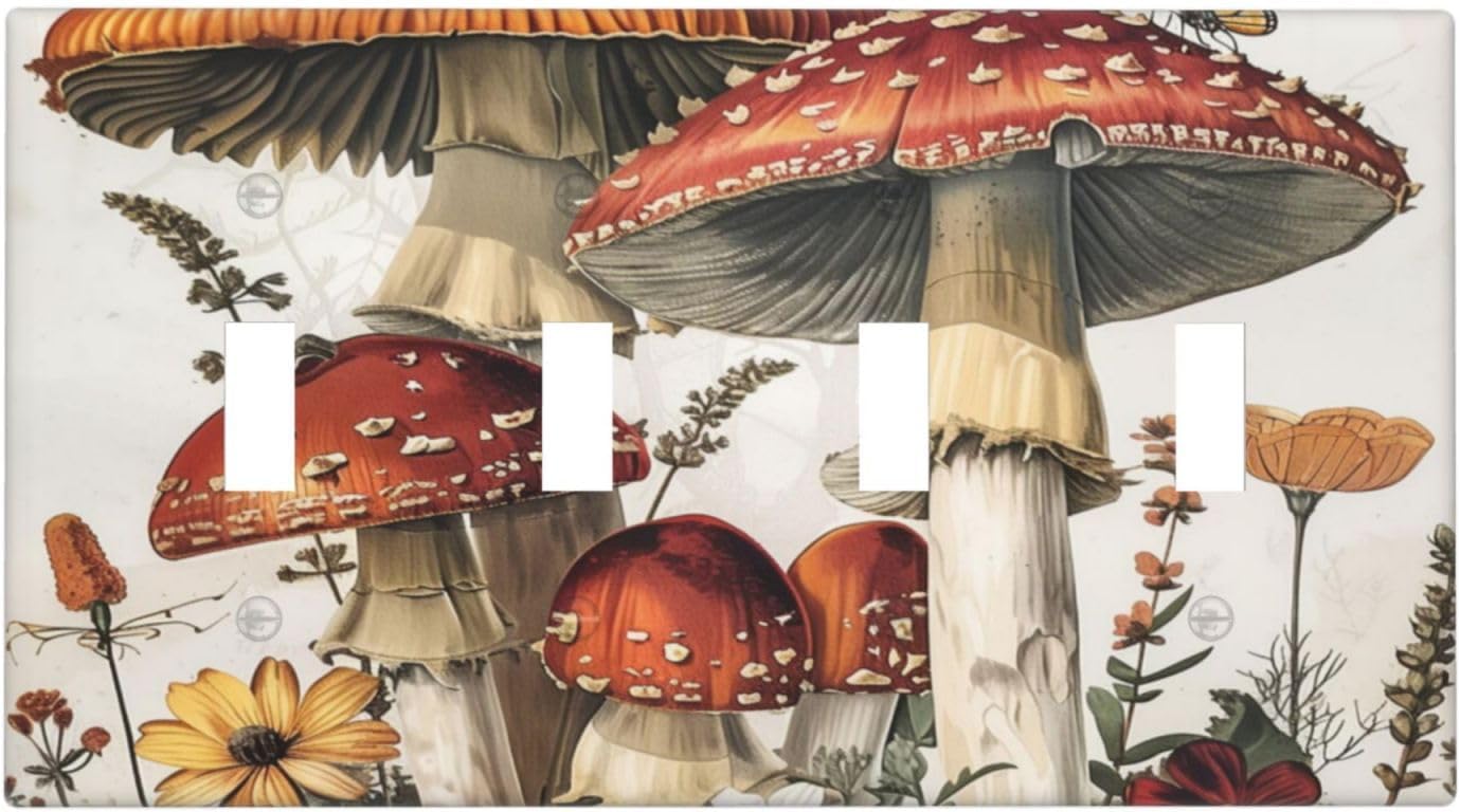 Light Switch Covers Mushroom Forest Butterfly Wild Flower Quad Toggle Electrical Faceplate 4 Gang Wall Plate Decorative Switch Plates For Bed Room Living Room Decor