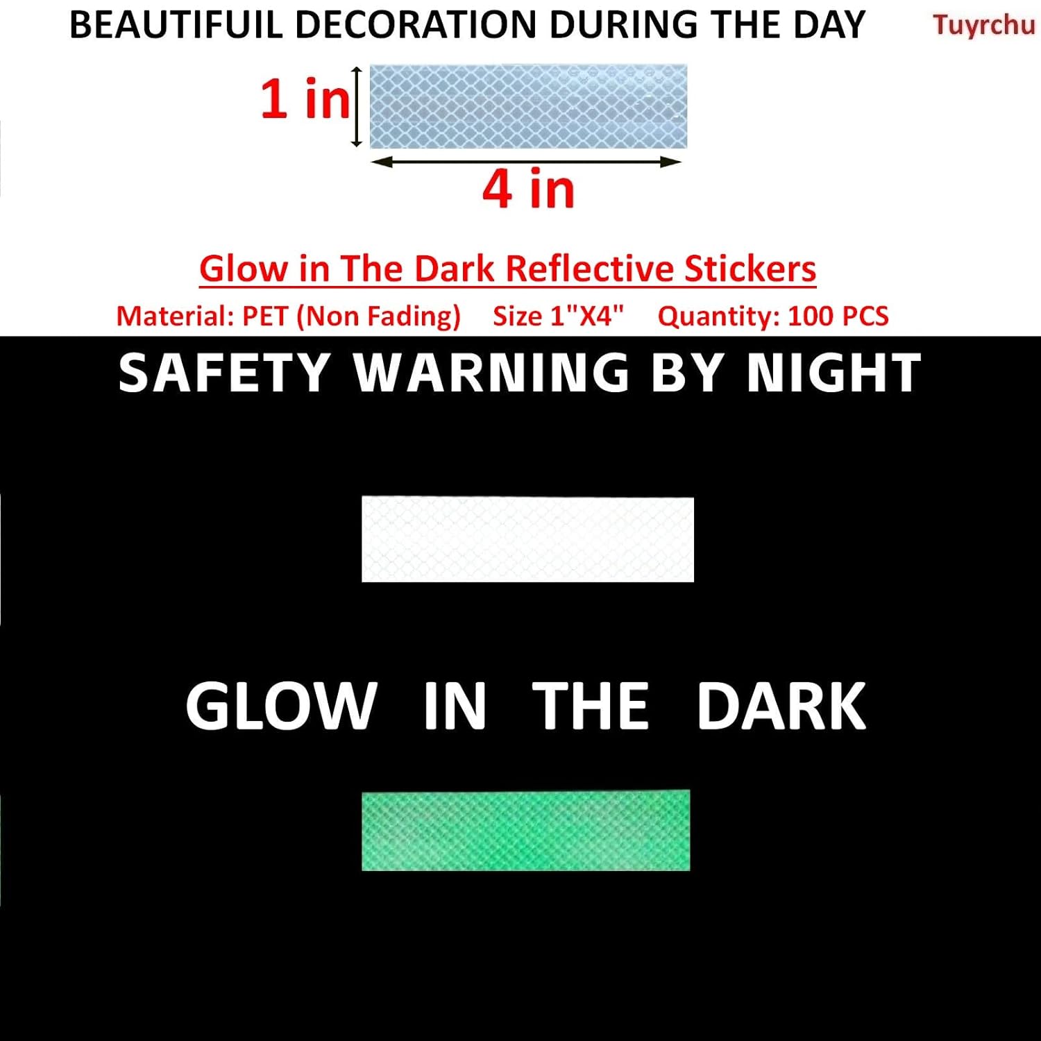 Glow in The Dark Reflective Stickers 1 inch X 4 inch for Car, High Visibility Warning Safety Reflective Strips (100 Pcs)