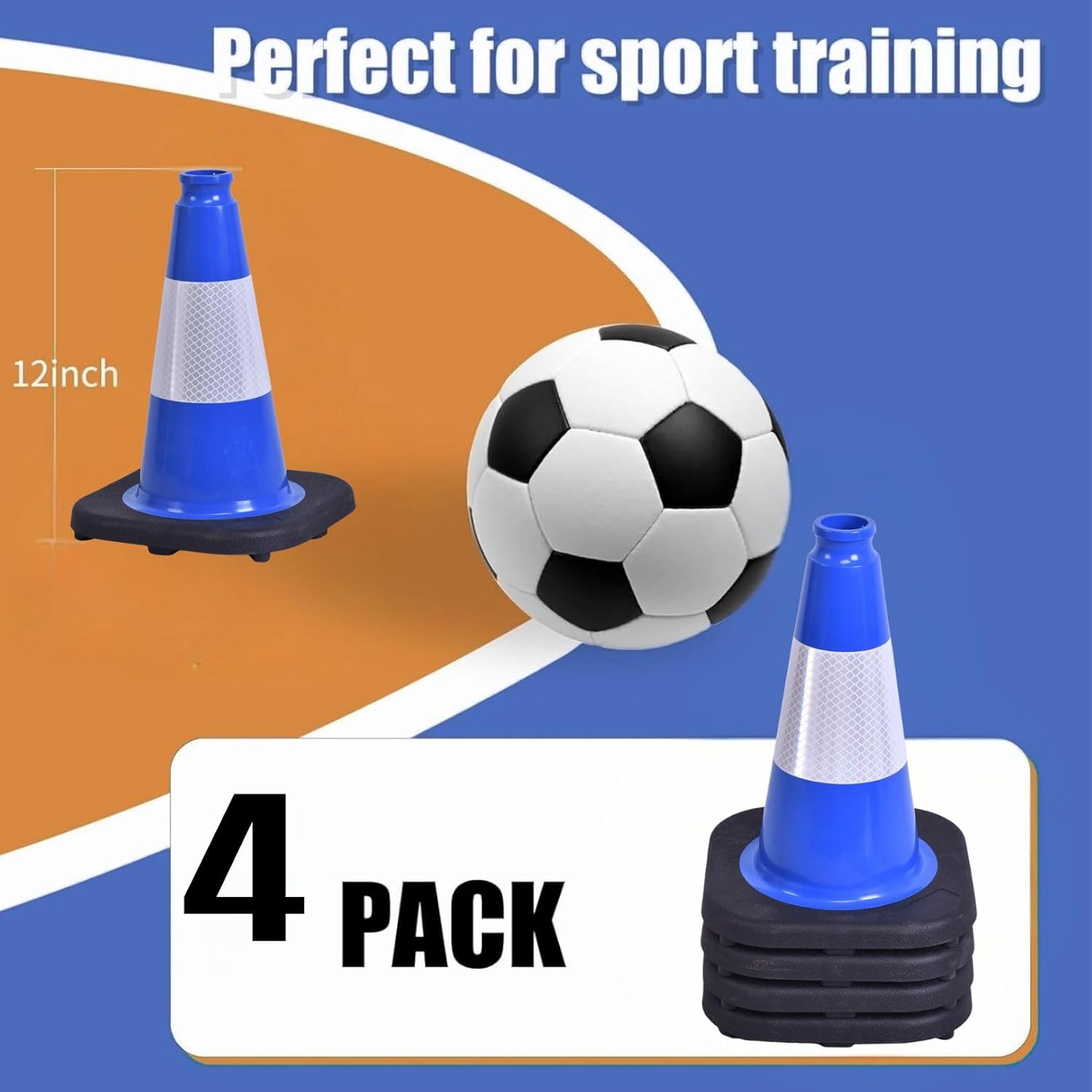 BESEA 4Pack 12 Inch Blue Traffic Cones with 4 Inch Reflective Collar, Heavy Duty PVC Safety Cones with 8.5 x 8.5 Inch Base for Parking, Driving Practice, Sports Training, and Construction