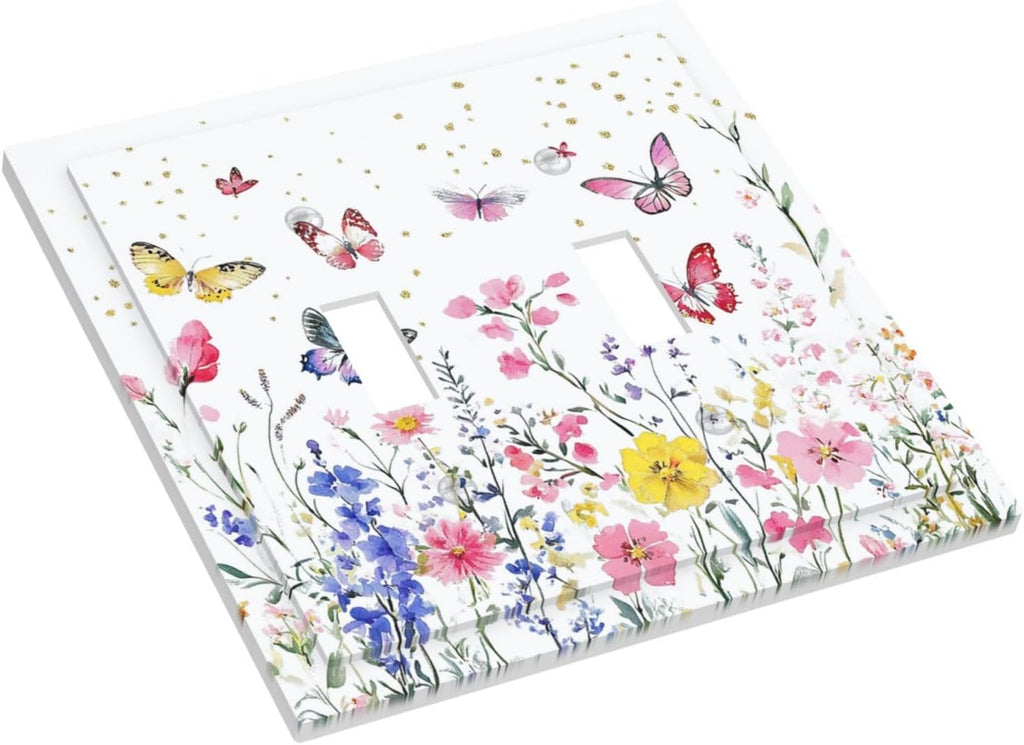 Decorative Switch Plates Watercolor Floral Butterfly Colorful Wildflower 2 Gang Double Toggle Outlet Light Switch Cover Wall Plate Electrical Faceplate For Bed Room Living Room Decor