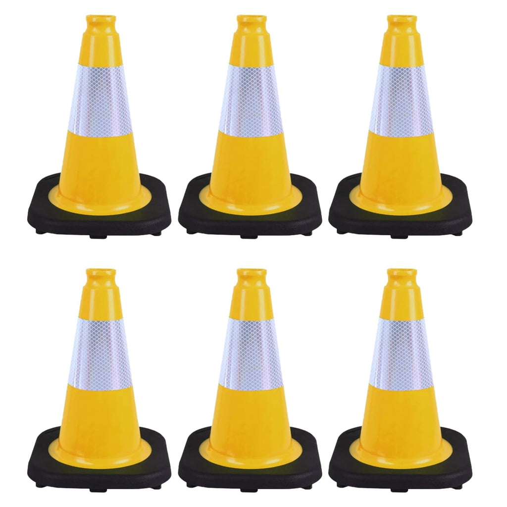 6 Pack 12 Inch Yellow Reflective Traffic Cones, Black Base Safety Markers for Warehouse Aisles, Driveways and Indoor Safety Training (6, Yellow, 12 Inch)