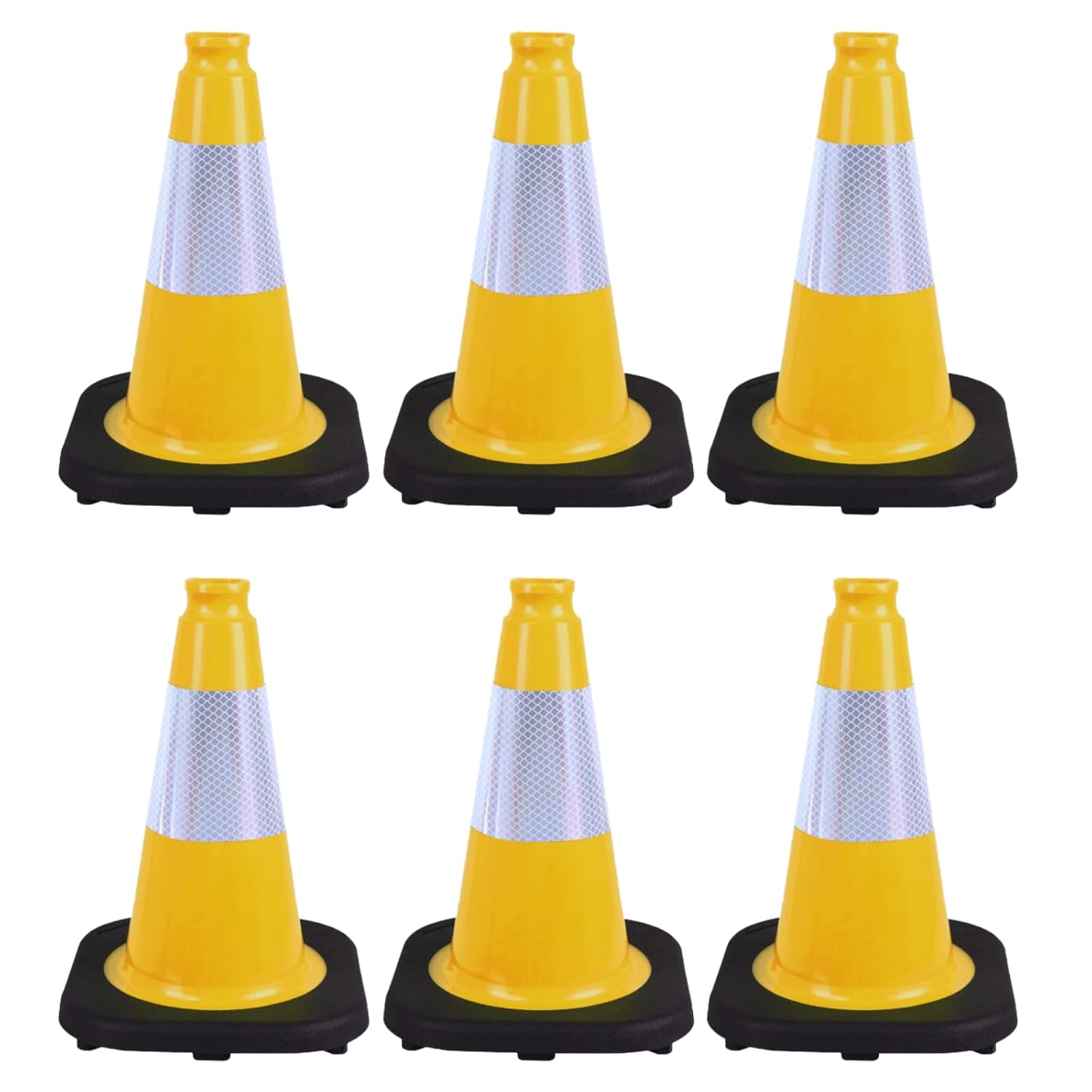 6 Pack 12 Inch Yellow Reflective Traffic Cones, Black Base Safety Markers for Warehouse Aisles, Driveways and Indoor Safety Training (6, Yellow, 12 Inch)