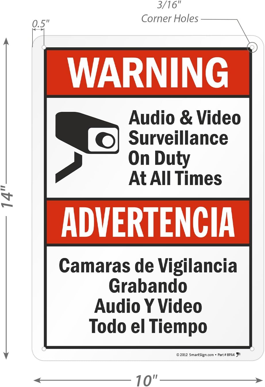 SmartSign-S-9392-AL-14 Warning - Audio & Video Surveillance On Duty At All Times Bilingual Sign By | 10" x 14" Aluminum - Black/Red on White