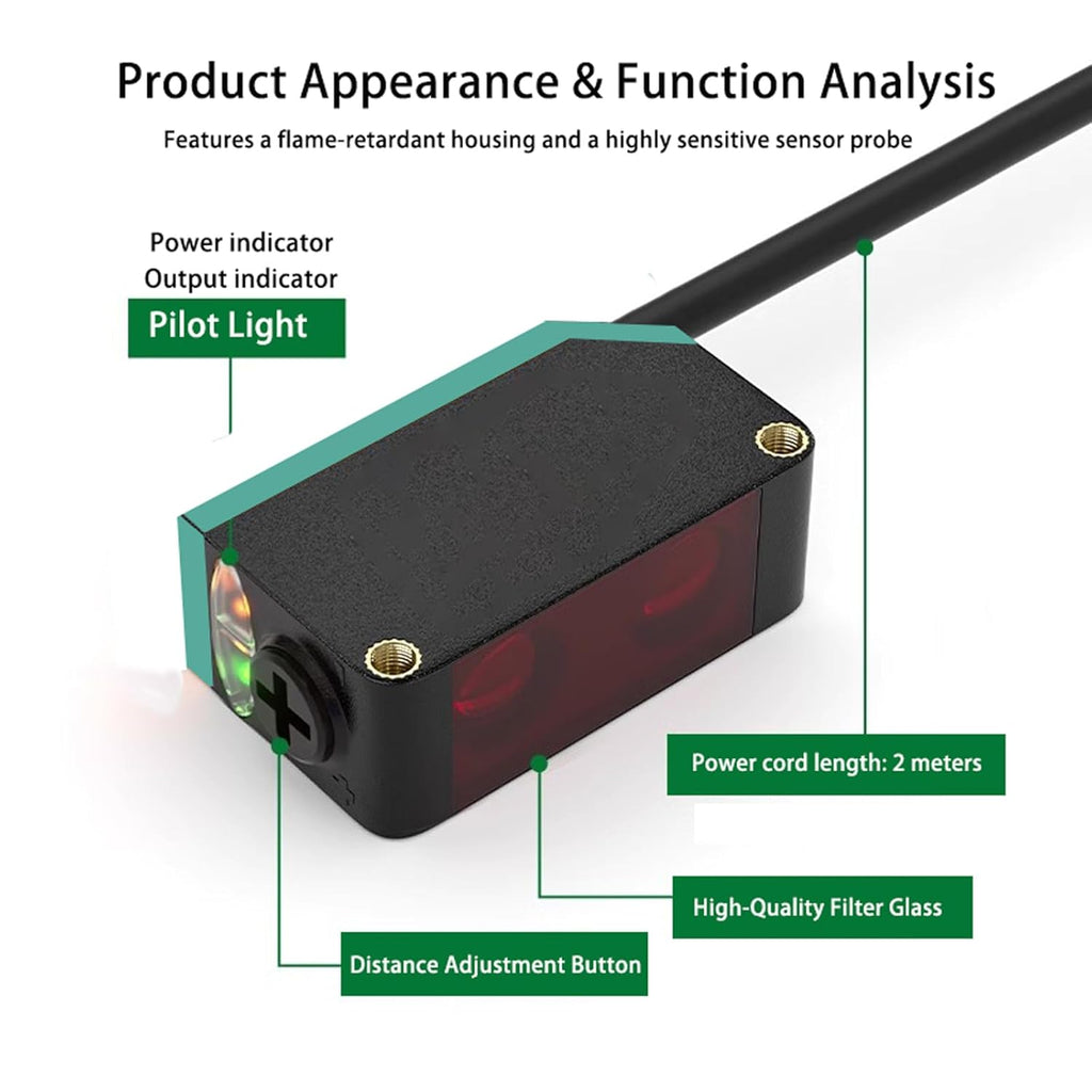 BG-38N Photoelectric Sensors,Background Suppression Diffuse Photoelectric Sensor,Sensing Distance 5-350mm,10–30VDC,NPN Output,Detection Distance Unaffected by Object Color