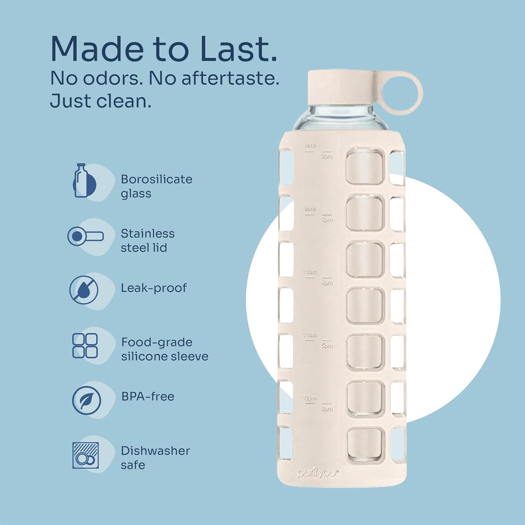 purifyou 40oz / 32oz / 22oz / 12oz Borosilicate Glass Water Bottle with Time & Volume Markers, Silicone Sleeve, Stainless Steel Lid | Reusable Glass Bottle for Water & Juice (32oz Pearled Ivory)