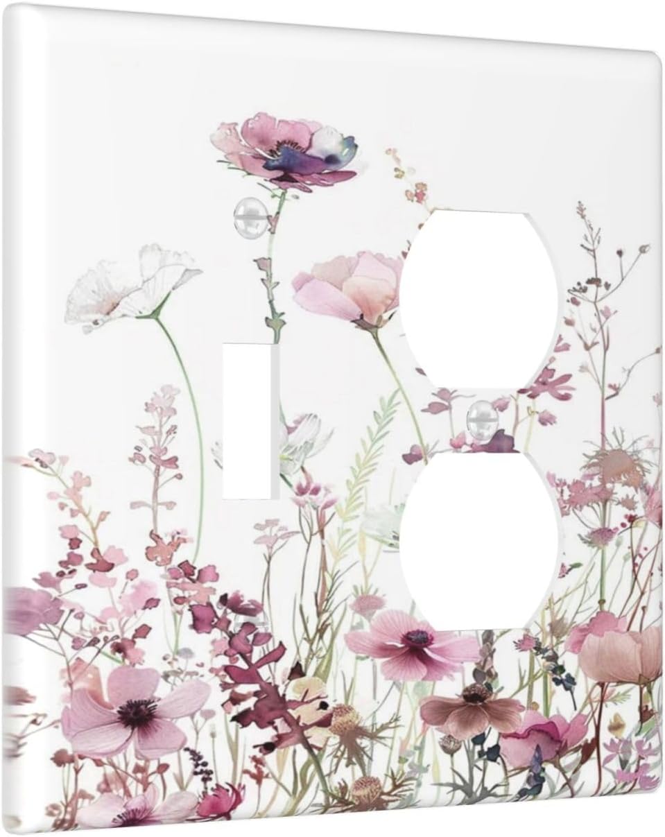 Floral Pink Watercolor Wildflowers Plant Flower Wallplates 1 Toggle 1 Duplex Switch Plate Electrical GFCI Faceplate Decorative Light Switch Covers for Bedroom Living Room Decor