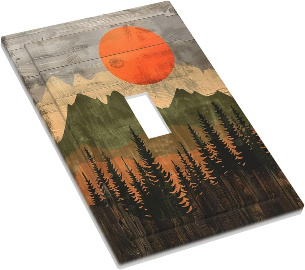 Decorative Light Switch Cover Vintage Wood Grain Sun Forest Mountains 1 Gang Single Toggle Device Electrical Faceplate Switchplates Decorator Outlet Wall Plate for Farmhouse Cabin Decor