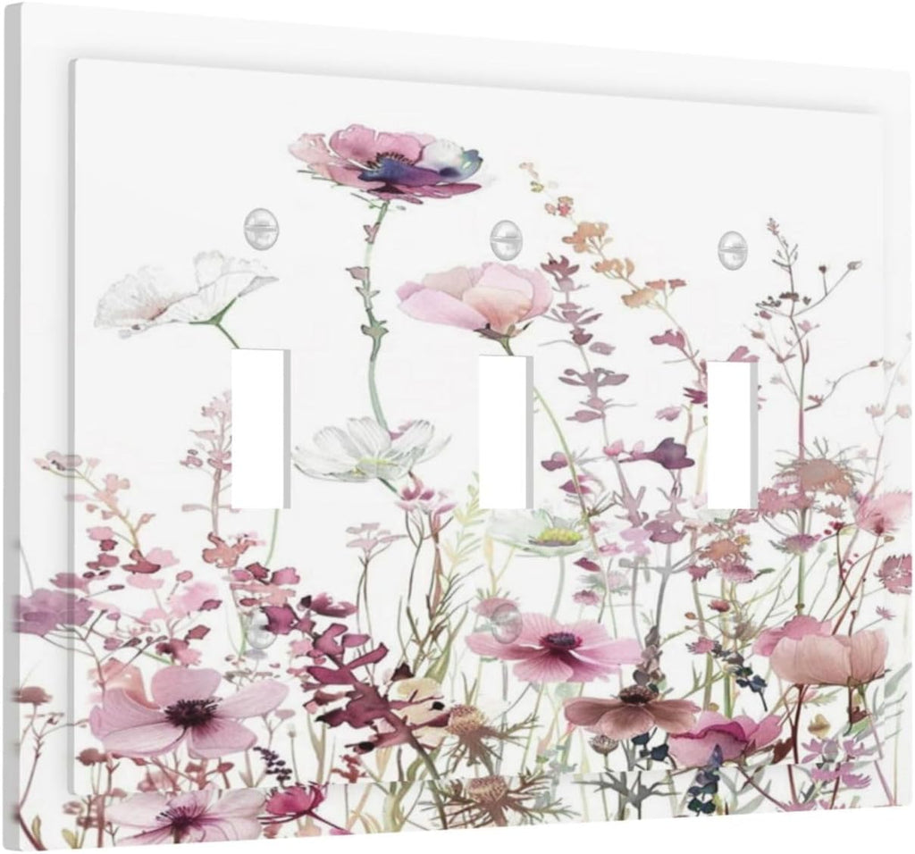 Floral Pink Watercolor Wildflowers Plant Flower Decorative Switch Plates 3 Gang Wall Plate Triple Toggle Light Switch Cover Faceplate Electrical Wall Panels for Bedroom Living Room Decor
