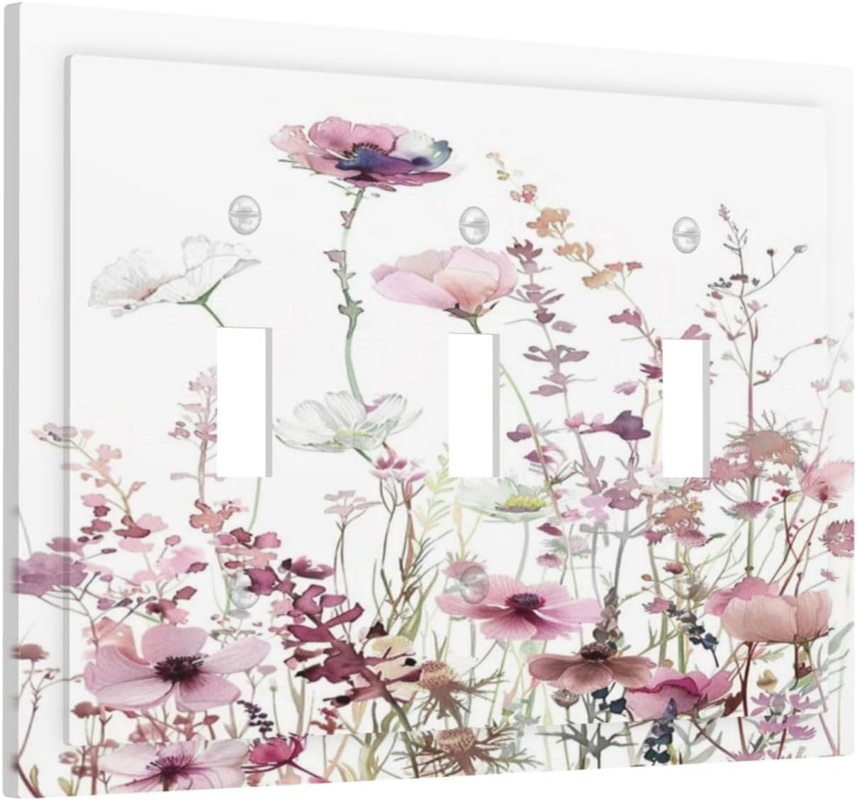 Floral Pink Watercolor Wildflowers Plant Flower Decorative Switch Plates 3 Gang Wall Plate Triple Toggle Light Switch Cover Faceplate Electrical Wall Panels for Bedroom Living Room Decor