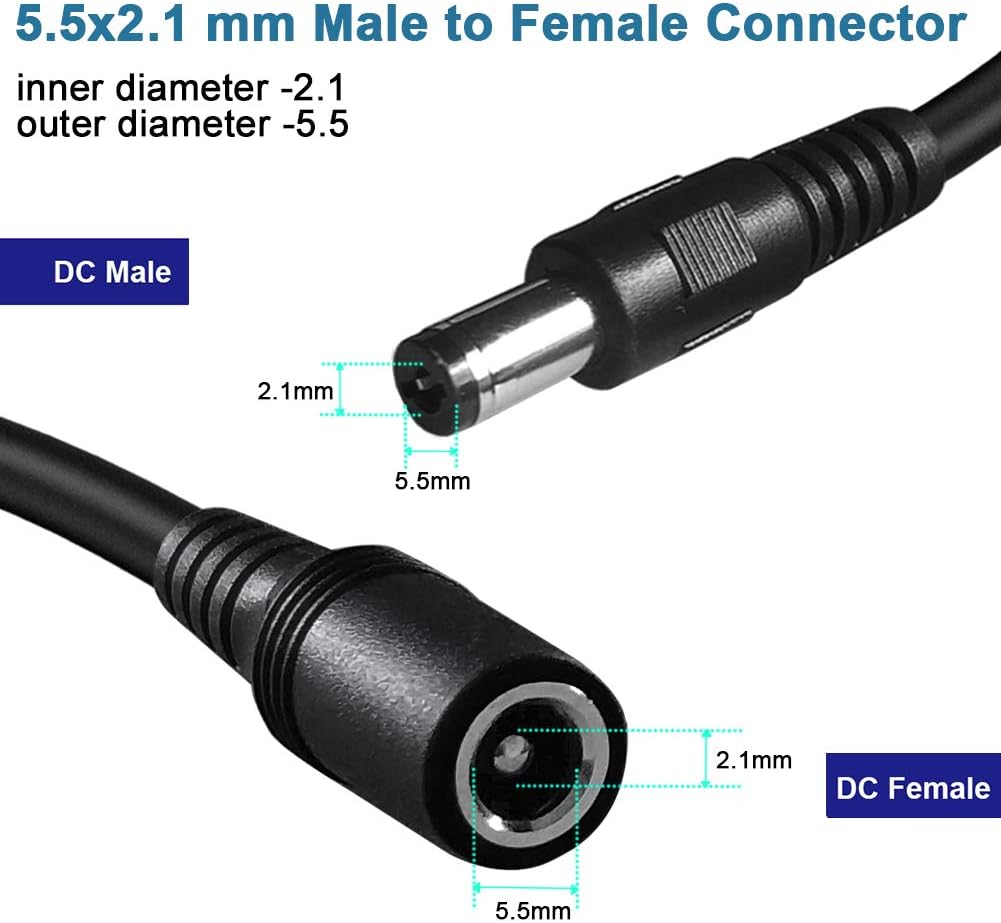 SIOCEN 2-Pack 20FT DC Power Extension Cord 5.5mm x 2.1mm,12v DC Power Supply Adapter for CCTV Security IP Camera Surveillance Indoor Dvr Standalone LED Strip,Car,12 Volt Male to Female Plug Cable