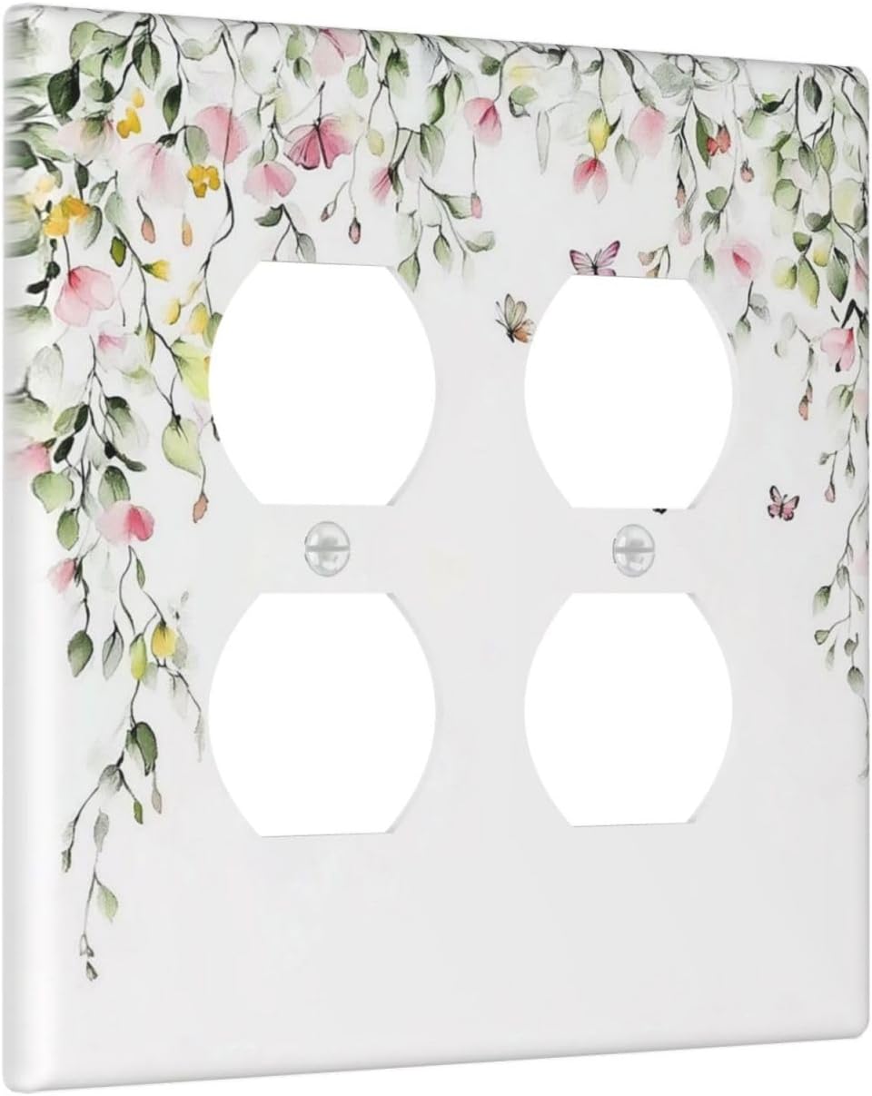 Watercolor Flowers Vine Colorful Butterfly Floral Outlet Covers 2 Gang Double Duplex Decorative Light Switch Covers Electrical Wallplates Socket Faceplate For Bed Room Living Room Decor