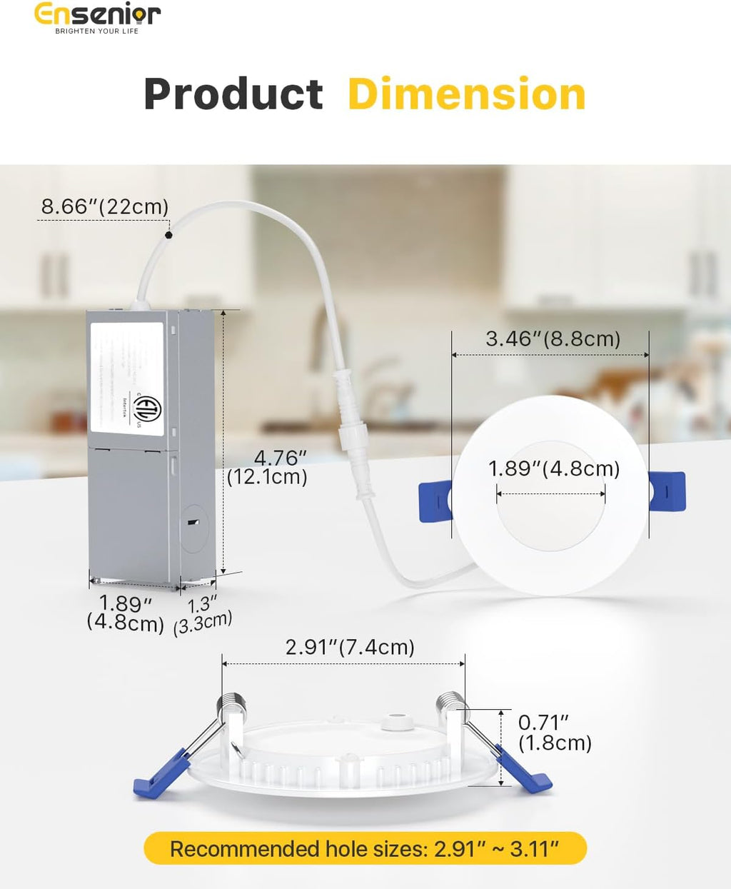 Ensenior 12 Pack 3 Inch LED Recessed Ceiling Light, Dimmable, 2700K-5000K 5CCT, 500LM 6W 120V, High Brightness Canless Wafer Downlight - ETL&FCC&IC