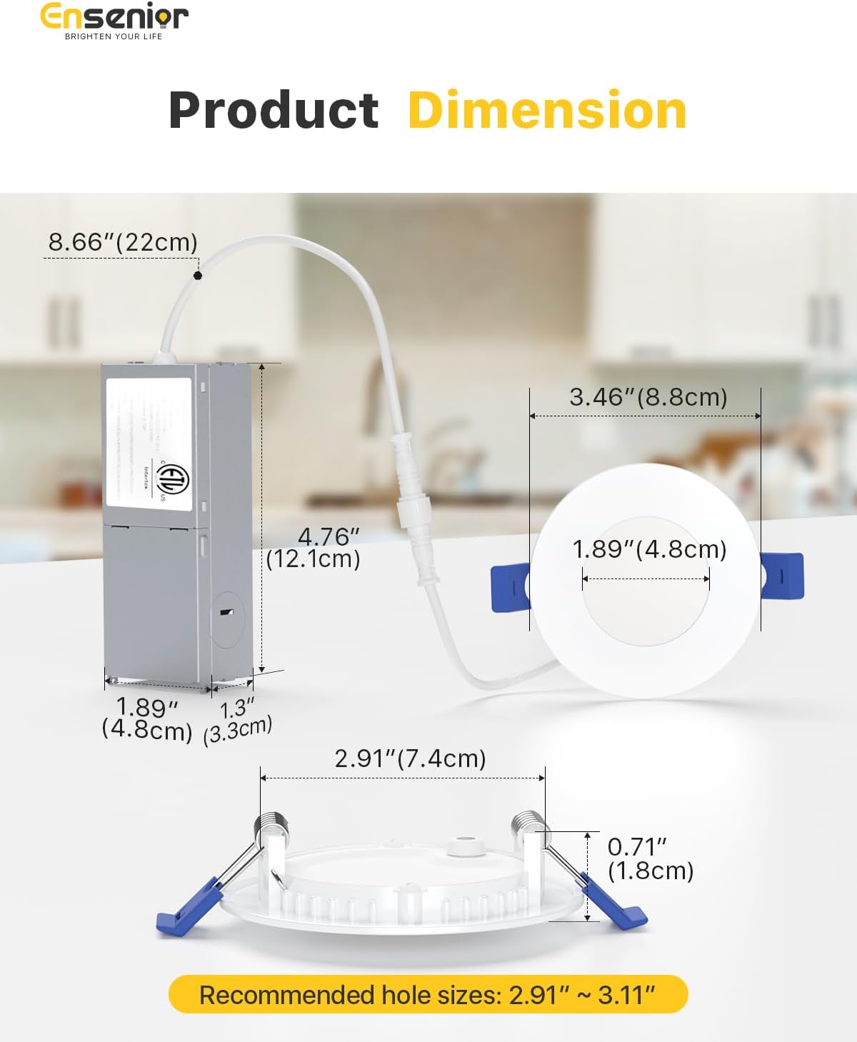 Ensenior 12 Pack 3 Inch LED Recessed Ceiling Light, Dimmable, 2700K-5000K 5CCT, 500LM 6W 120V, High Brightness Canless Wafer Downlight - ETL&FCC&IC