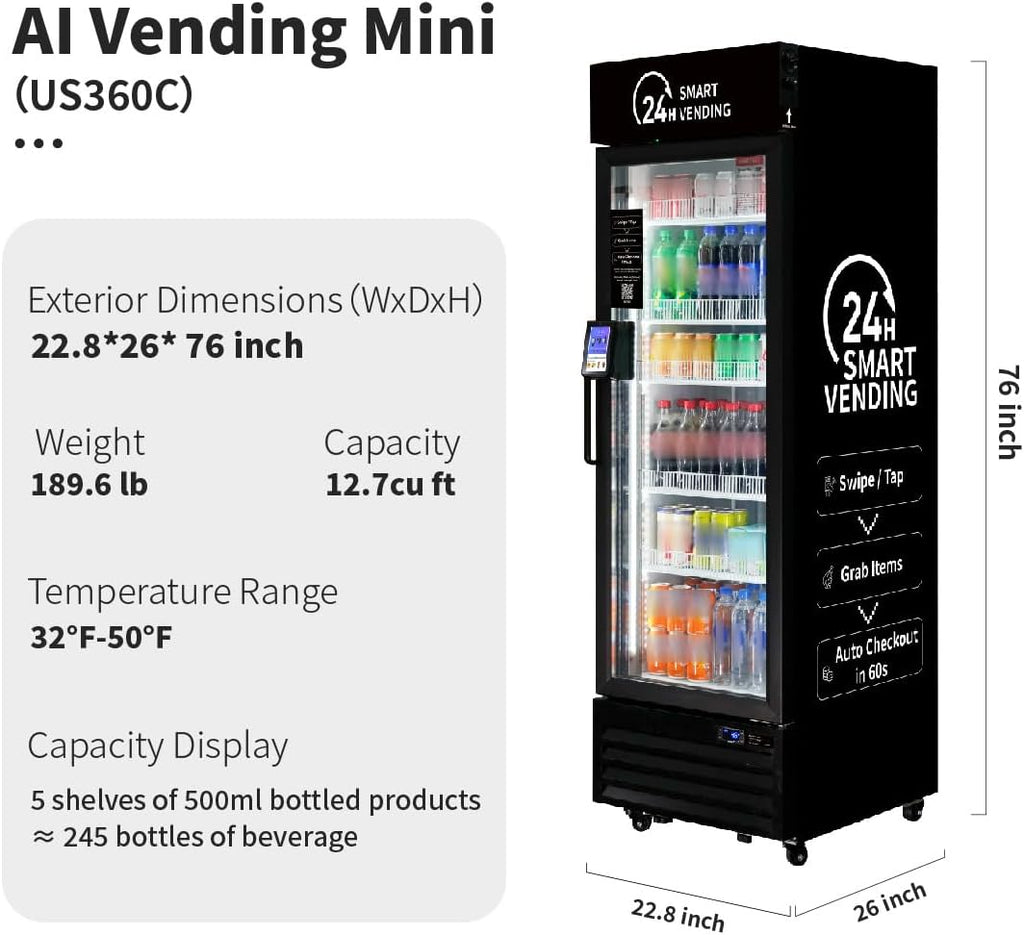 HAHA AI Smart Open-Front Vending Machine - 245-Capacity Commercial Refrigerated Unit for Offices/Schools/Gym, with Contactless Payment, AI Visual Recognition & App Management US360