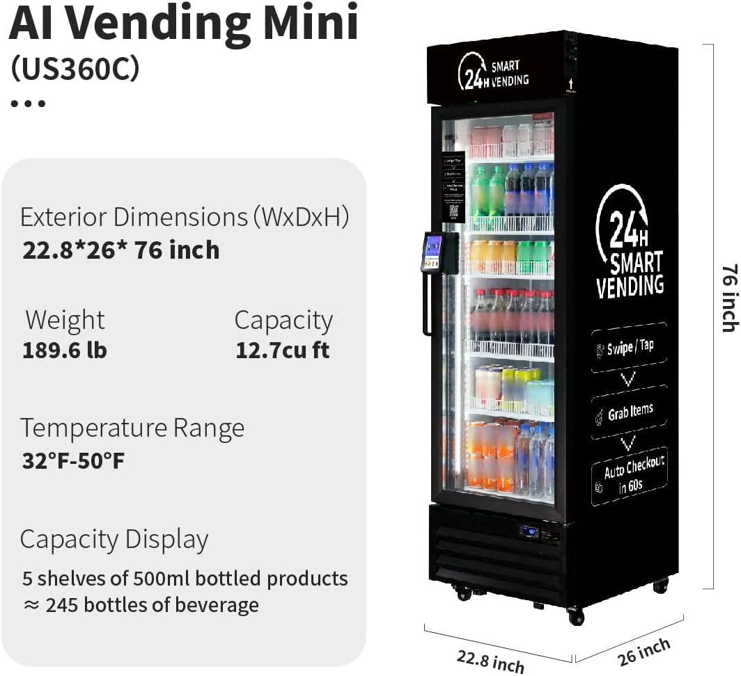 HAHA AI Smart Open-Front Vending Machine - 245-Capacity Commercial Refrigerated Unit for Offices/Schools/Gym, with Contactless Payment, AI Visual Recognition & App Management US360