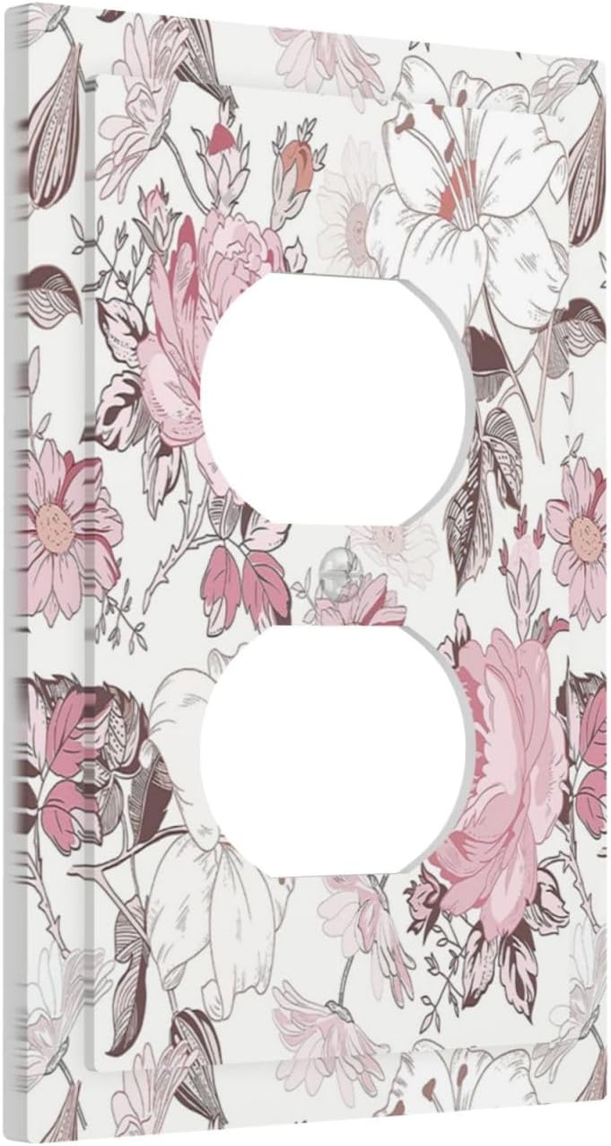 Outlet Covers Modern Watercolor Flower Pink White Wildflower 1 Gang Duplex Electrical Receptacle Faceplate Light Switch Cover Wall Plate Decorative Switch Plates for Bedroom Home Decor