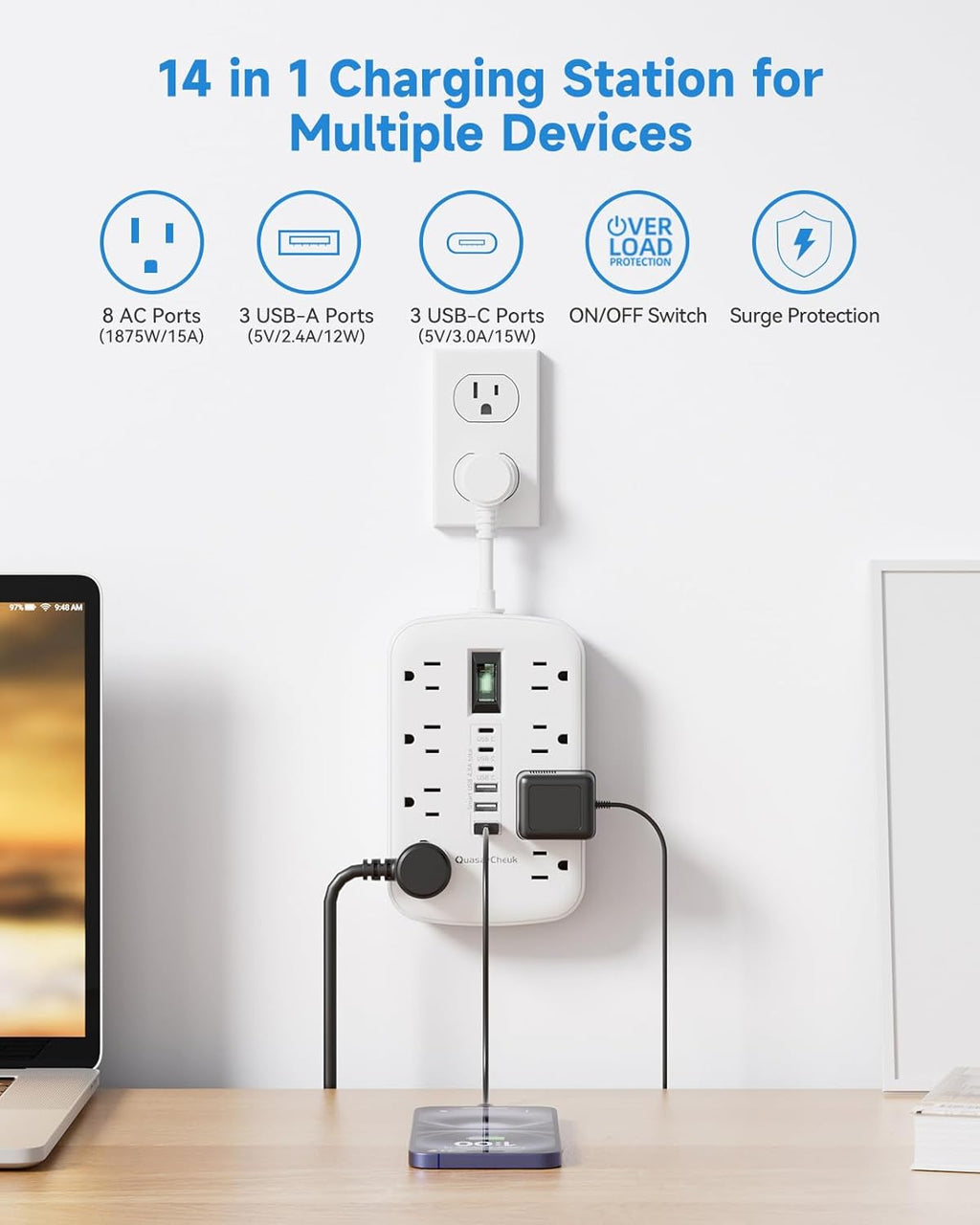 Short Extension Cord 2 inch - Small Power Strip Flat Outlet Extender Surge Protector with 8 AC Outlets 6 USB (5V/4.8A 24W), Mini Extension Cord Flat Wall Plug for Home Office Dorm Kitchen Bathroom