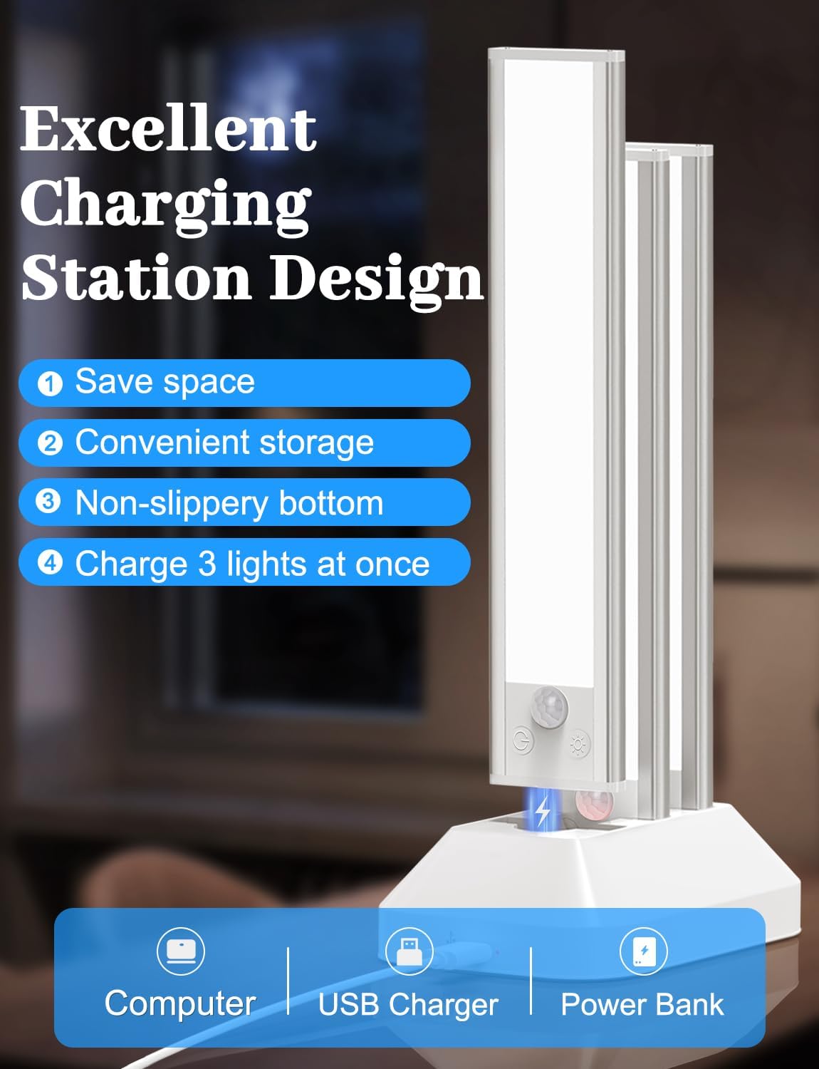 Under Cabinet Lighting with Charging Station, 2000mAh Rechargeable Motion Sensor Light Indoor, 3 Color Tempers Dimmable Closet Lights Wireless, Magnetic Under Cabinet Lights for Kitchen, 3-Pack