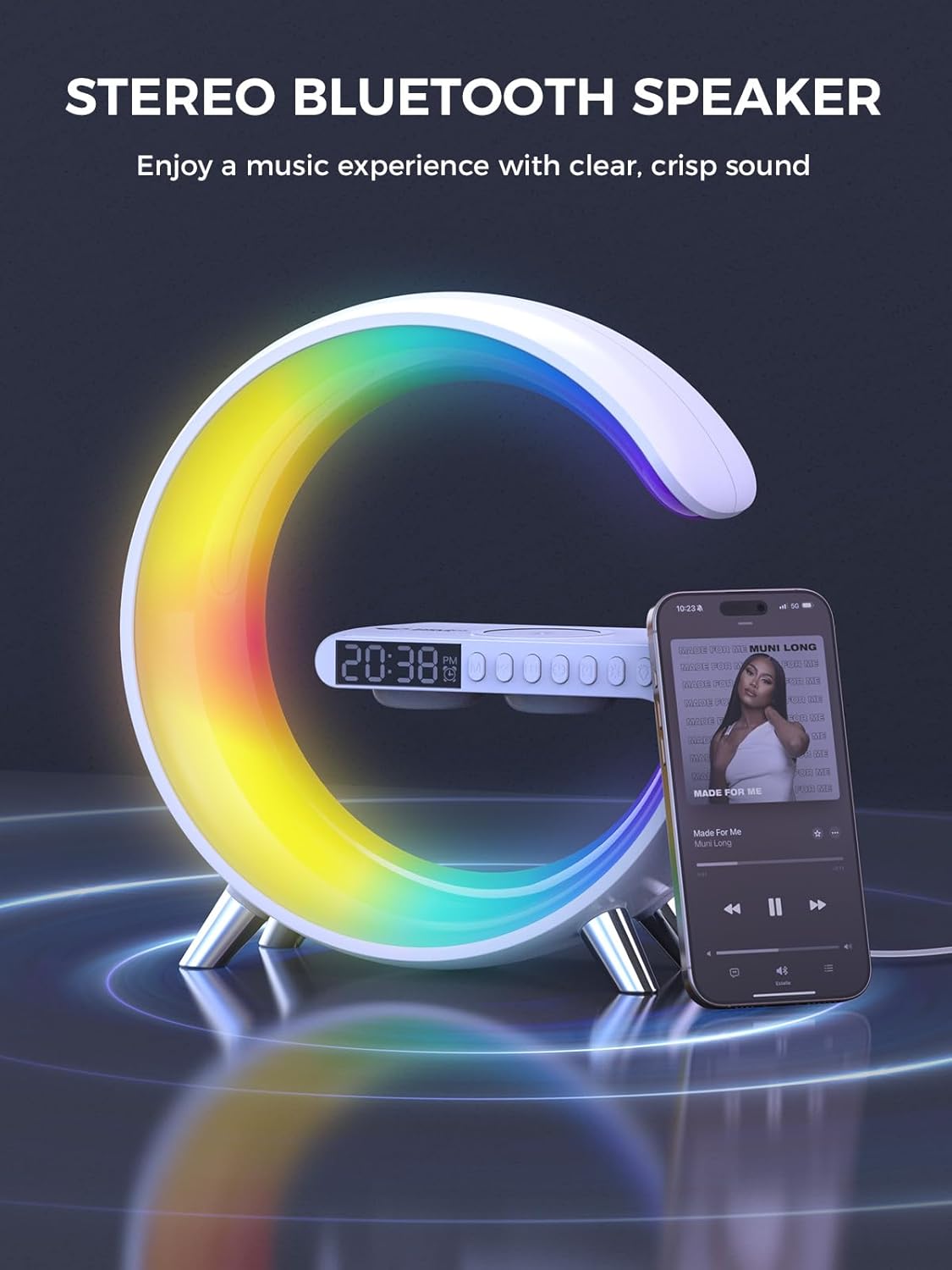 Smiling Shark Wake Up Light, Wireless Charger Atmosphere Desk Light with Bluetooth Speaker White Noise App Control Dimmable Sunrise & Sunset Simulation Dual Alarm Clock Smart Light for Home Decor