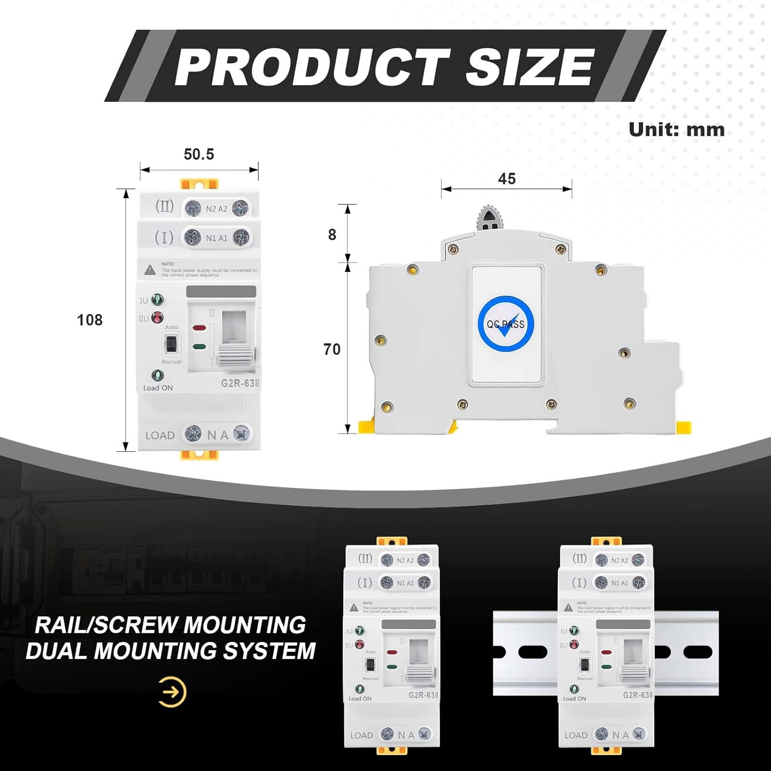 Automatic/Manual Transfer Switch 63Amp 110V, Mini ATS 2Pole AC G2R Solar Auto Dual Power Changeover Switch for Home Generator, Din Rail Mounted 50/60Hz CE Certified for Rv, Lv, Cn Public/Backup Power