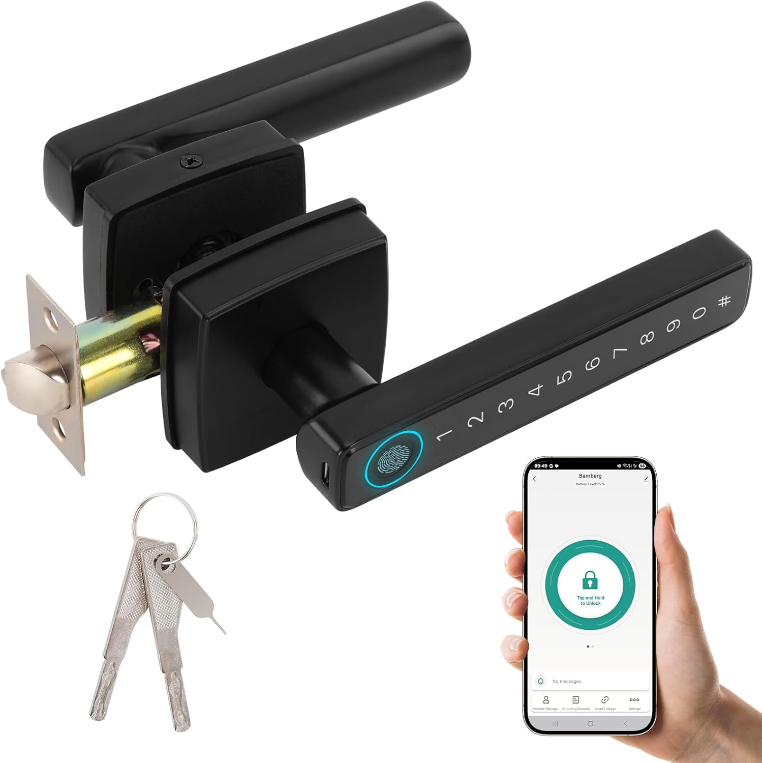 Bamberg N1 Smart Door Knob,4-in-1 Keyless Entry with Fingerprint, Tuya APP, Keypad Code & Key | Biometric Fingerprint Lock for Privacy on Bedroom, Apartment, Office and Indoor Doors