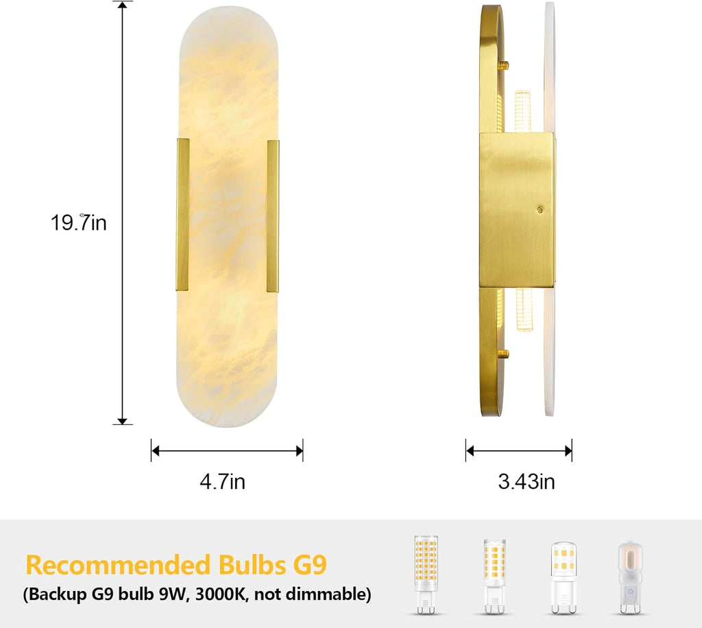 Brass Alabaster Wall Sconce, Modern Natural Marble Wall Sconces for Indoor Lighting, 19.7 in Gold Wall Lights for Bathroom Dining Room Stairs Bedroom (1-Pack)