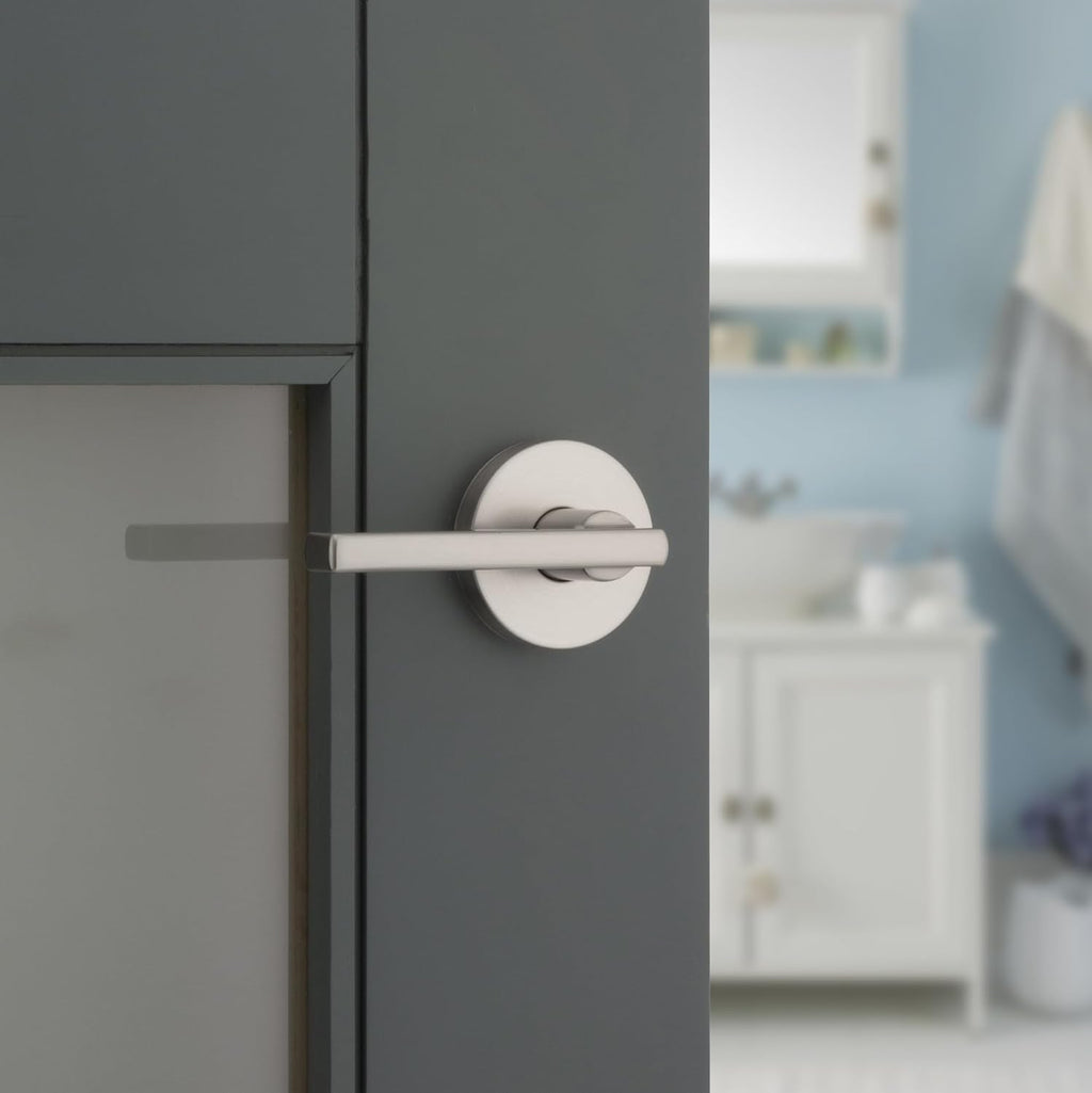 Kwikset Halifax Interior Privacy Door Handle with Lock, Round Lever for Bathroom and Bedroom, Satin Nickel Reversible Keyless Push Button Lock Door Lever, with Microban Protection