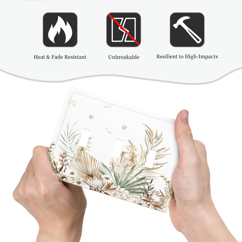 Decorative Switch Plates Boho Leaves Watercolor Tan Leaf Floral Plant 3 Gang Wall Plate Faceplate Triple Toggle Light Switch Cover Electrical Wall Panels for Bedroom Home Decor