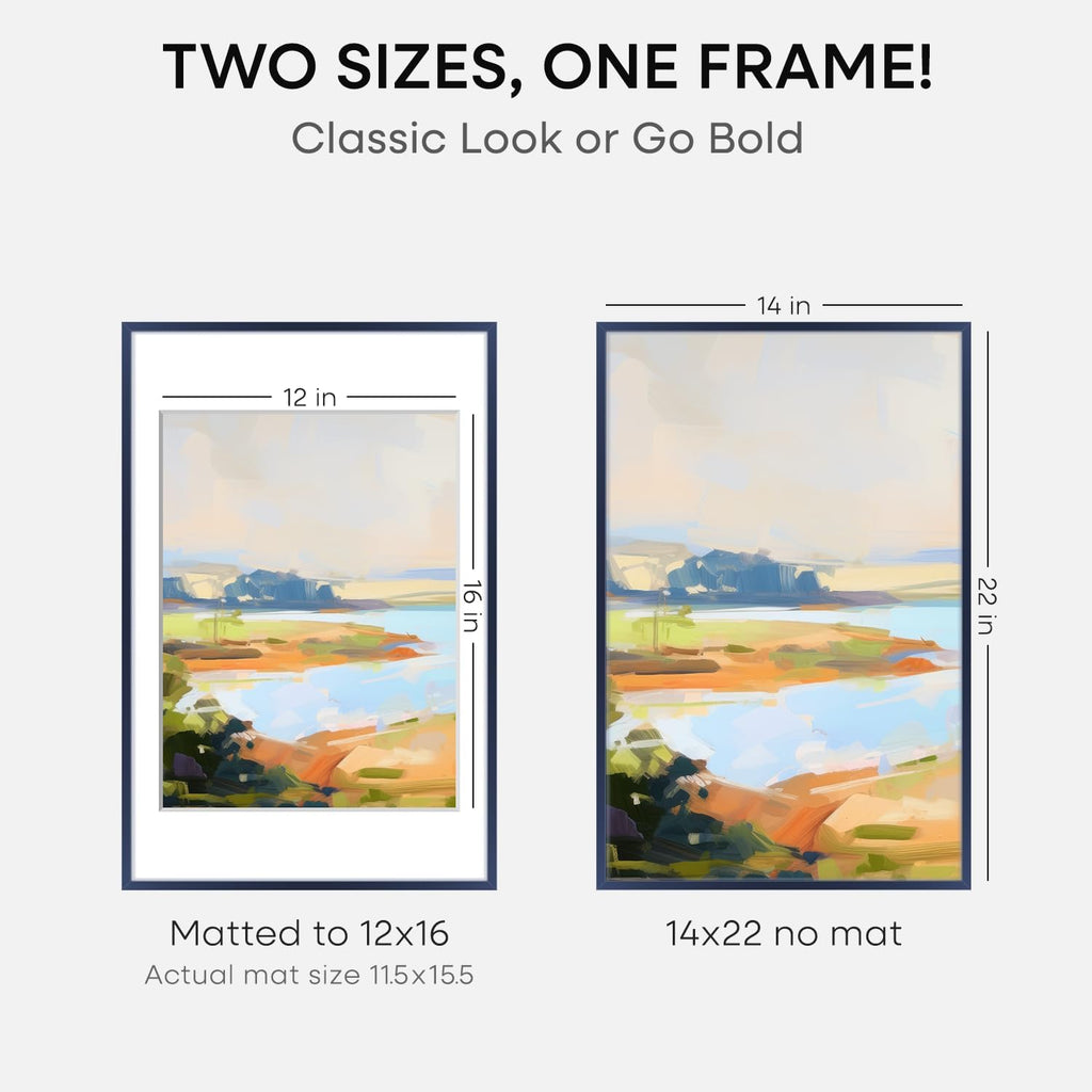 Homeforia 14x22 Picture Frame Navy Blue, High End Metal 14x22 Poster Frames with Mat 12x16 inch Photo, 14 x 22 Navy Blue Frame Matted to 12 by 16 Print, 22x14 Frame, Tempered Glass, Wall Kit, Set of 1