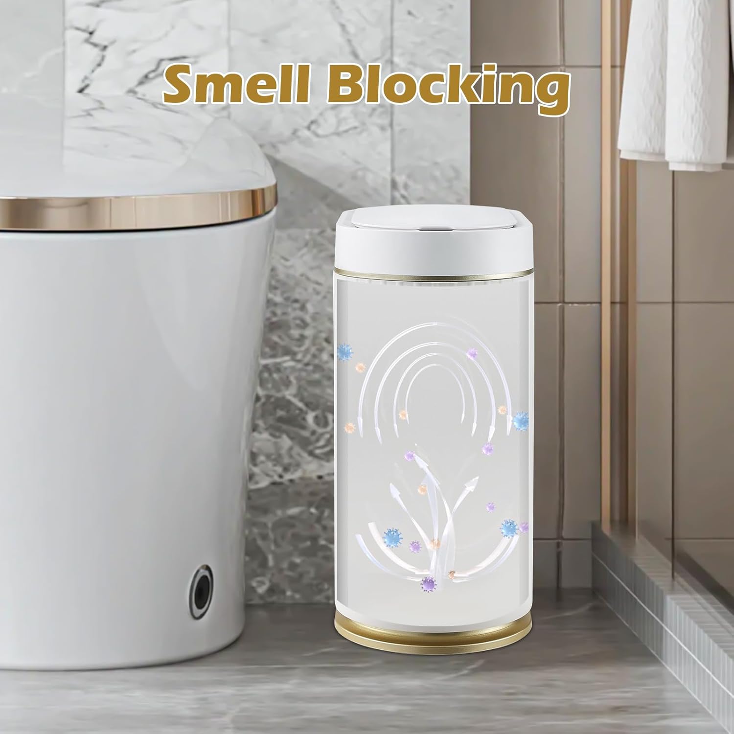 ELPHECO Bathroom Trash Can with Lid 2 Gallon Motion Sensor Garbage Can 7.5 Liter Small Trash can Touchless Bathroom Decor Waterproof Smart Waste Bin with Stripes for Bedroom, Office (White-Golden)