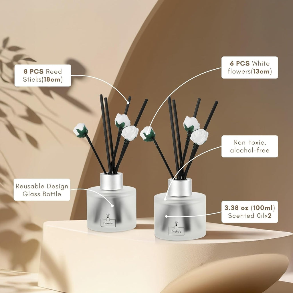 Brakula 2 Pack Reed Diffuser Set, Bamboo White Tea Scented, Home Fragrance with 14 Sticks Bathroom Decor, Reed diffusers for Home 6.76 fl oz (Bamboo White Tea)