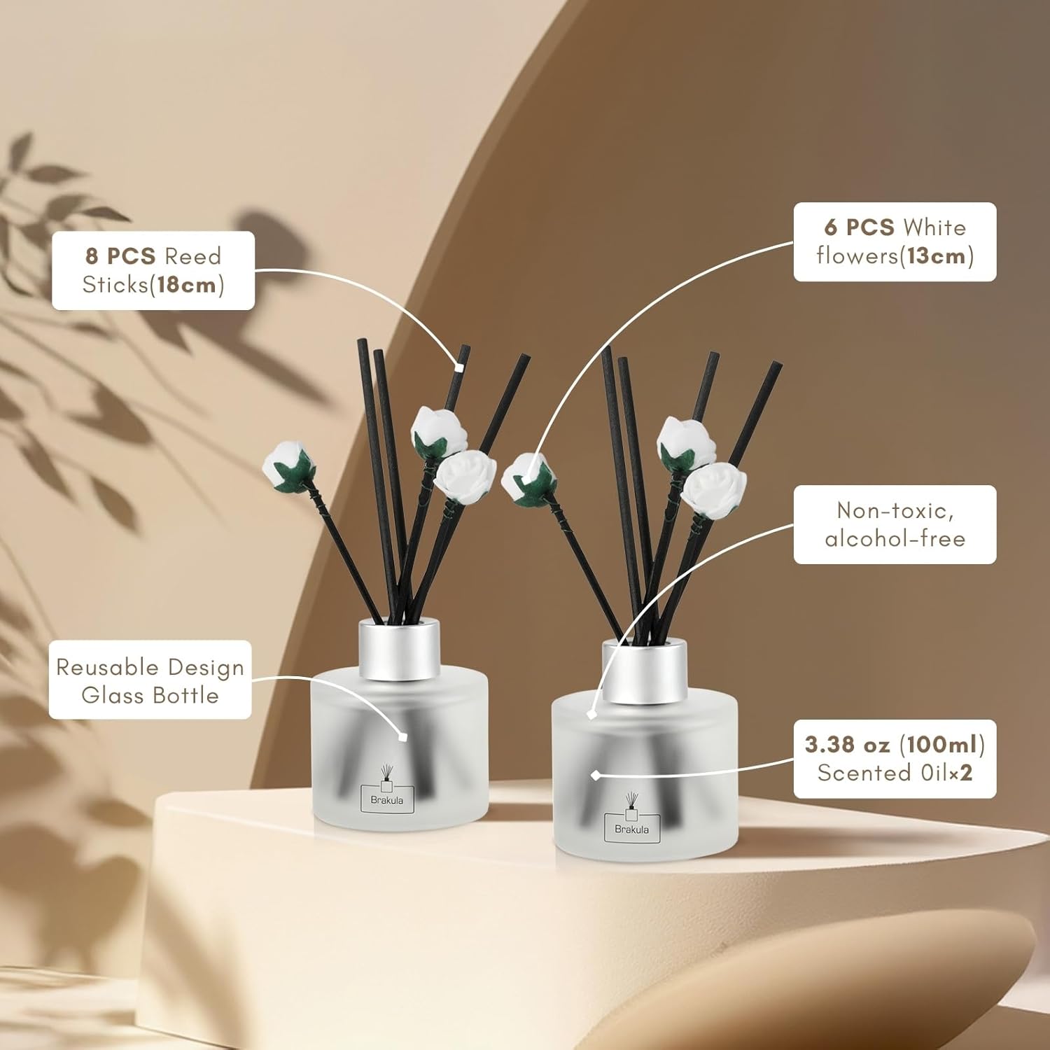 Brakula 2 Pack Reed Diffuser Set, Bamboo Scented, Home Fragrance with 14 Sticks Bathroom Decor, Reed diffusers for Home 6.76 fl oz (Bamboo)