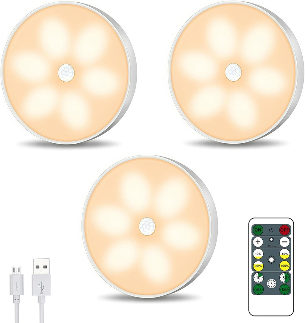 Warm Color LED Closet Lights Motion Sensor Step Light, USB Rechargeable Battery Operated Puck Lights, Dimmable Under Cabinet Counter Lighting for Wardrobe Kitchen (3 Pack)